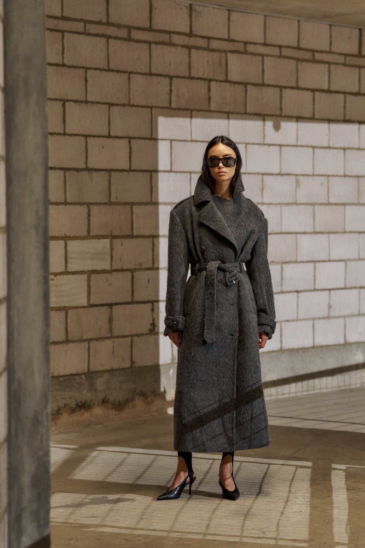 BRUSHED WOOL OVERSIZED MAXI COAT - CHARCOAL