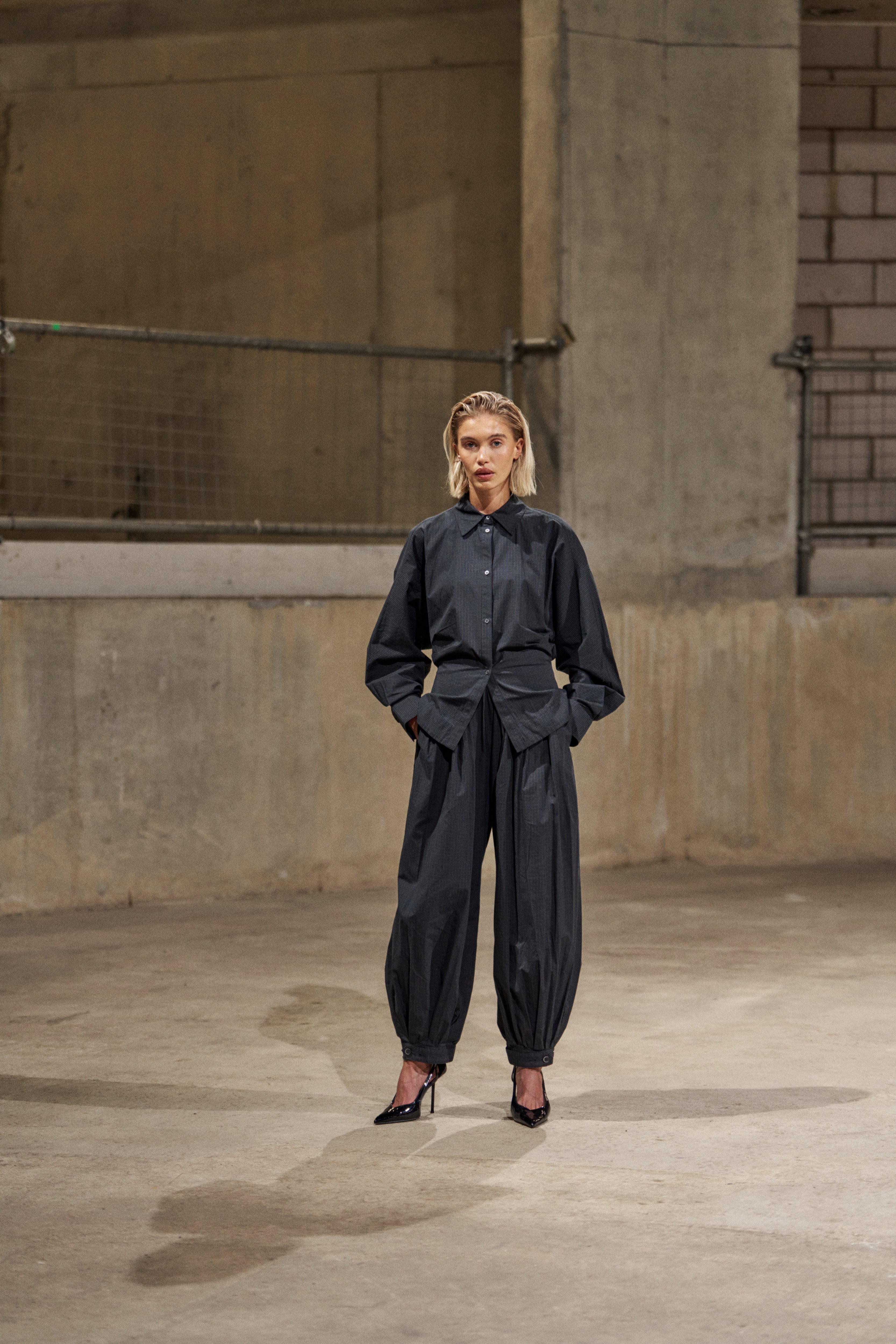 MICRO CHECK BALLOON TROUSERS - NAVY | The Couture Club