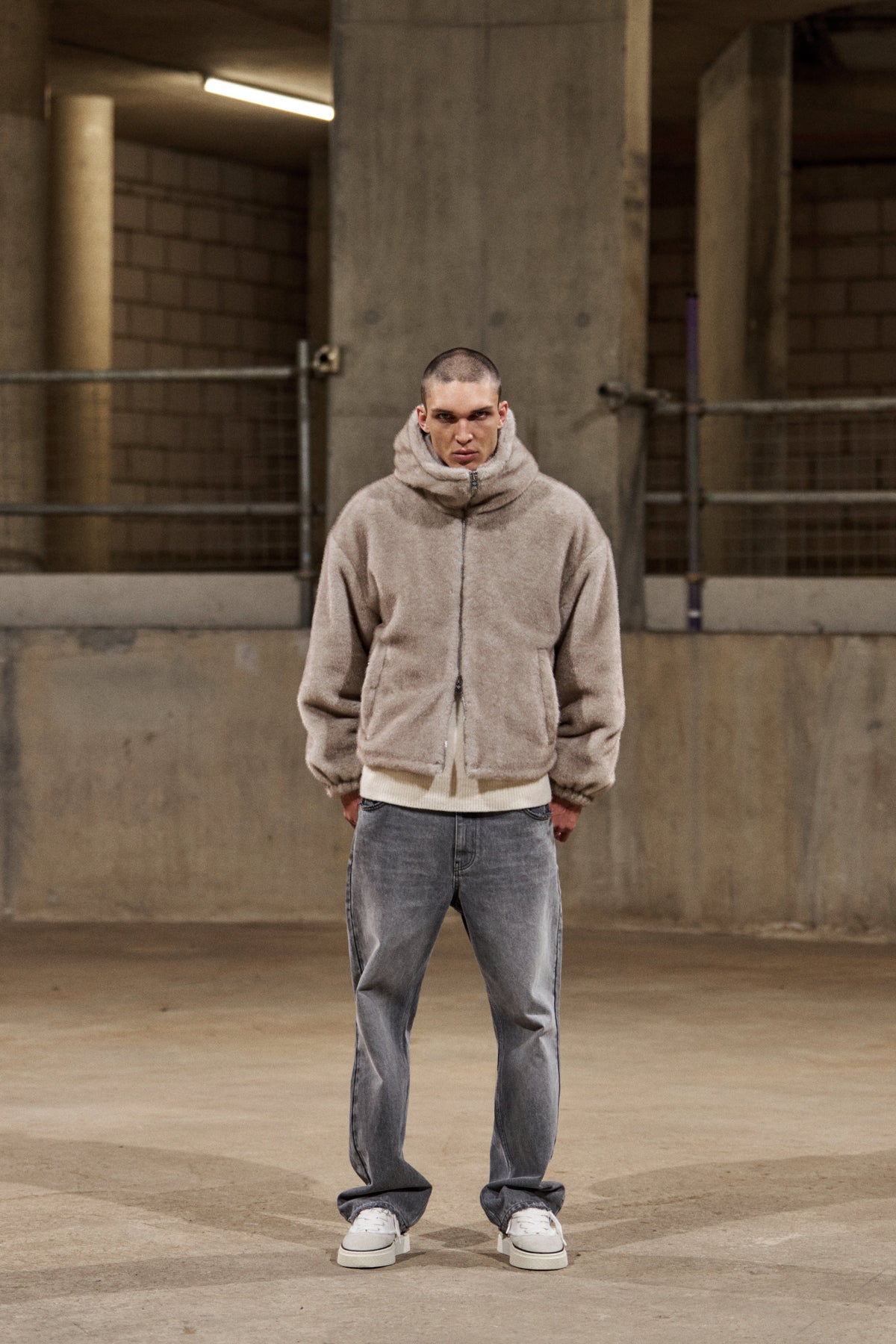 FAUX FUR HOODED JACKET - BEIGE