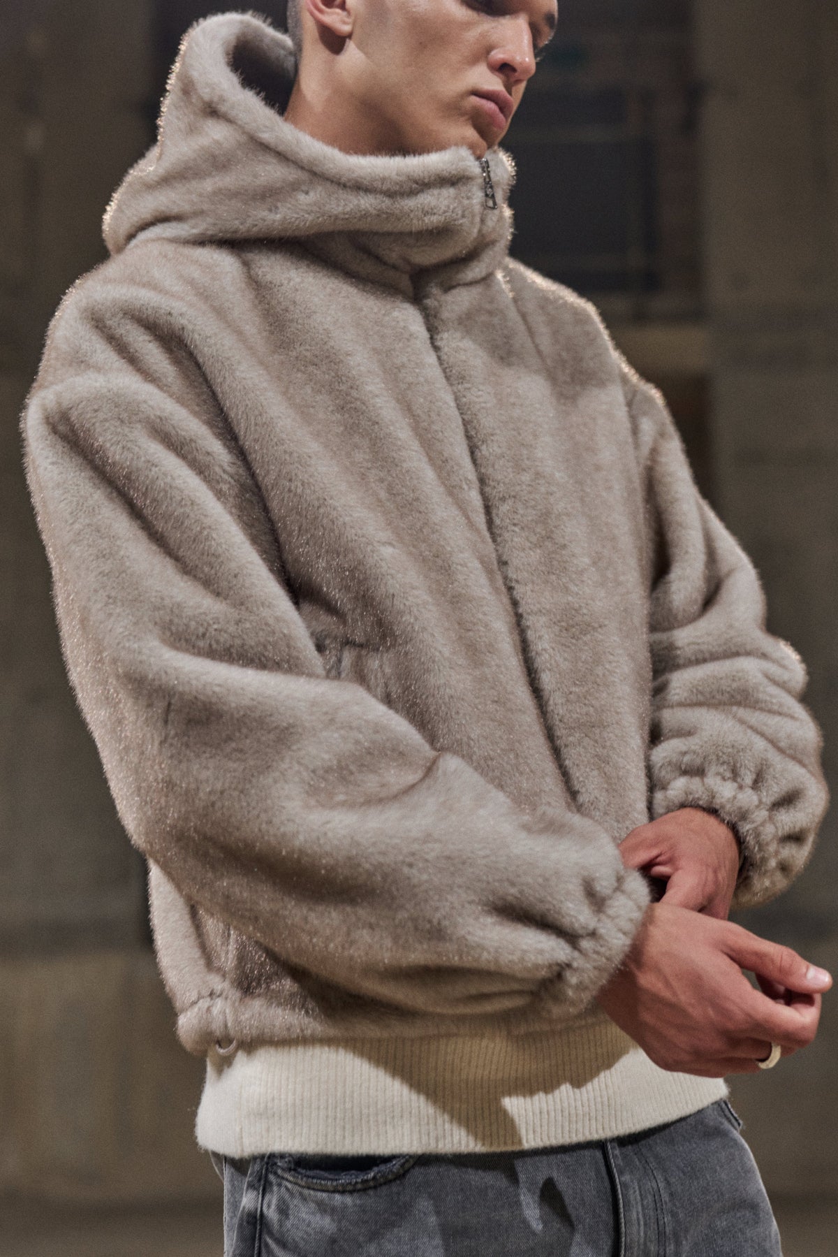 FAUX FUR HOODED JACKET - BEIGE