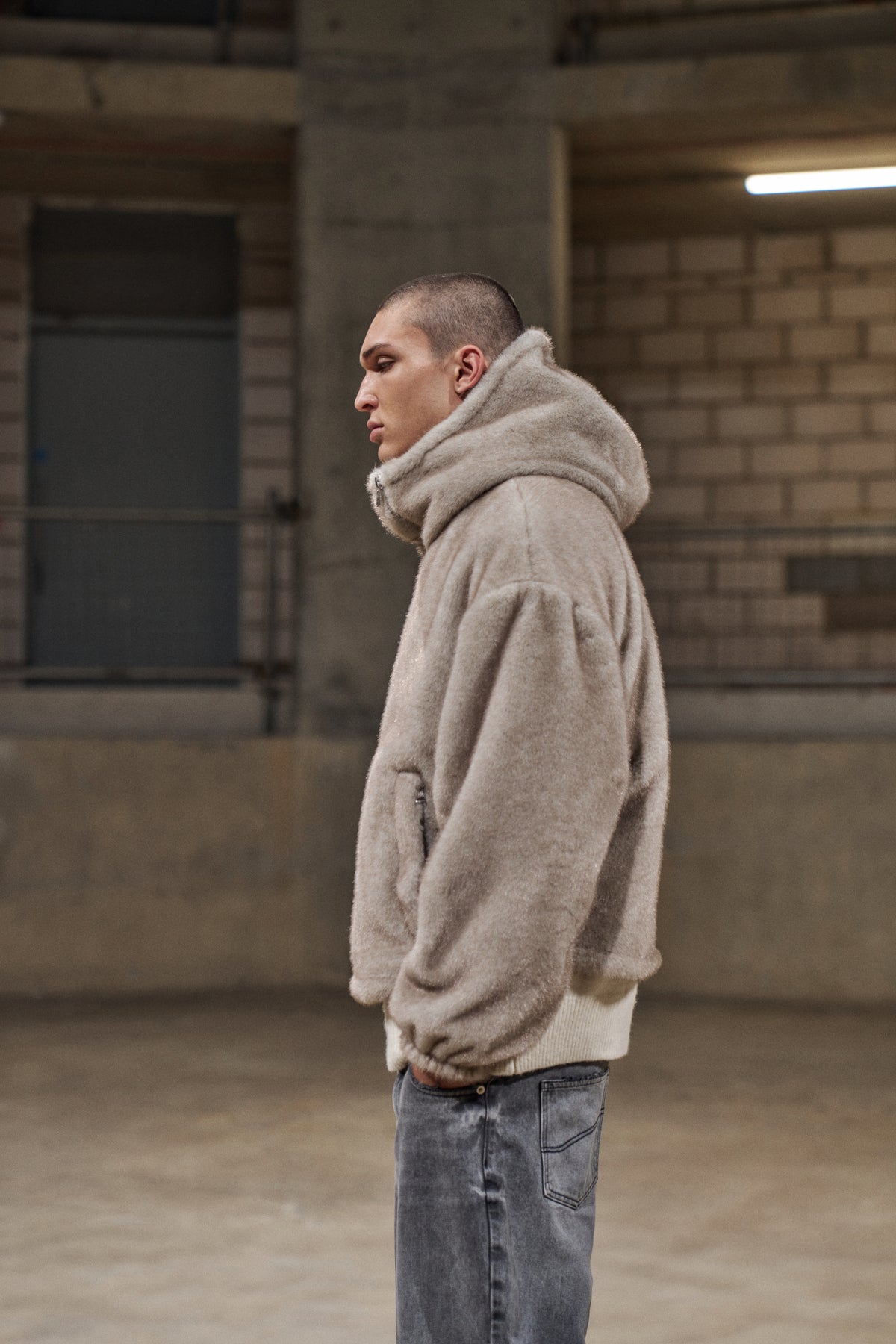 FAUX FUR HOODED JACKET - BEIGE