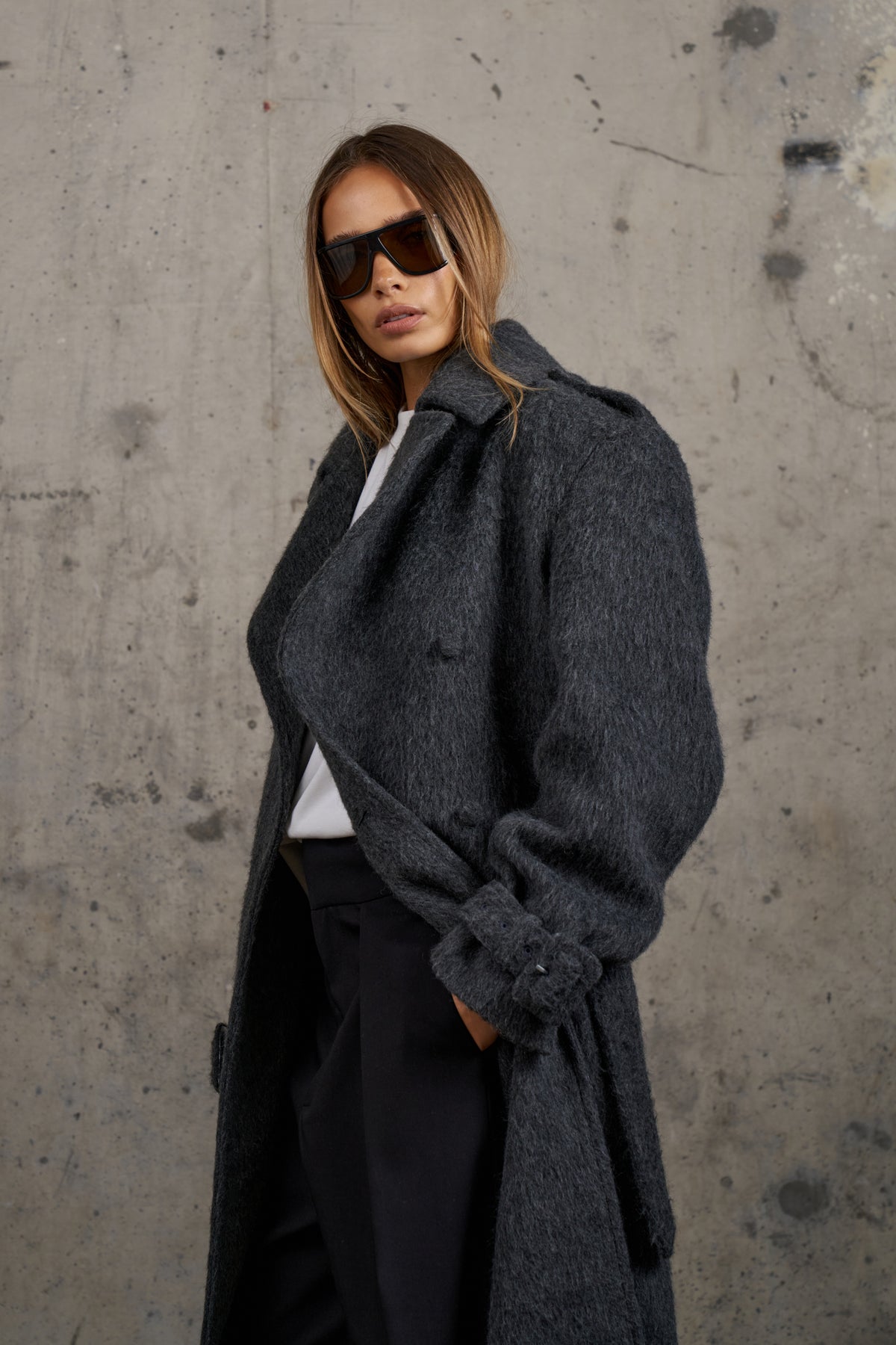 BRUSHED WOOL OVERSIZED MAXI COAT - CHARCOAL