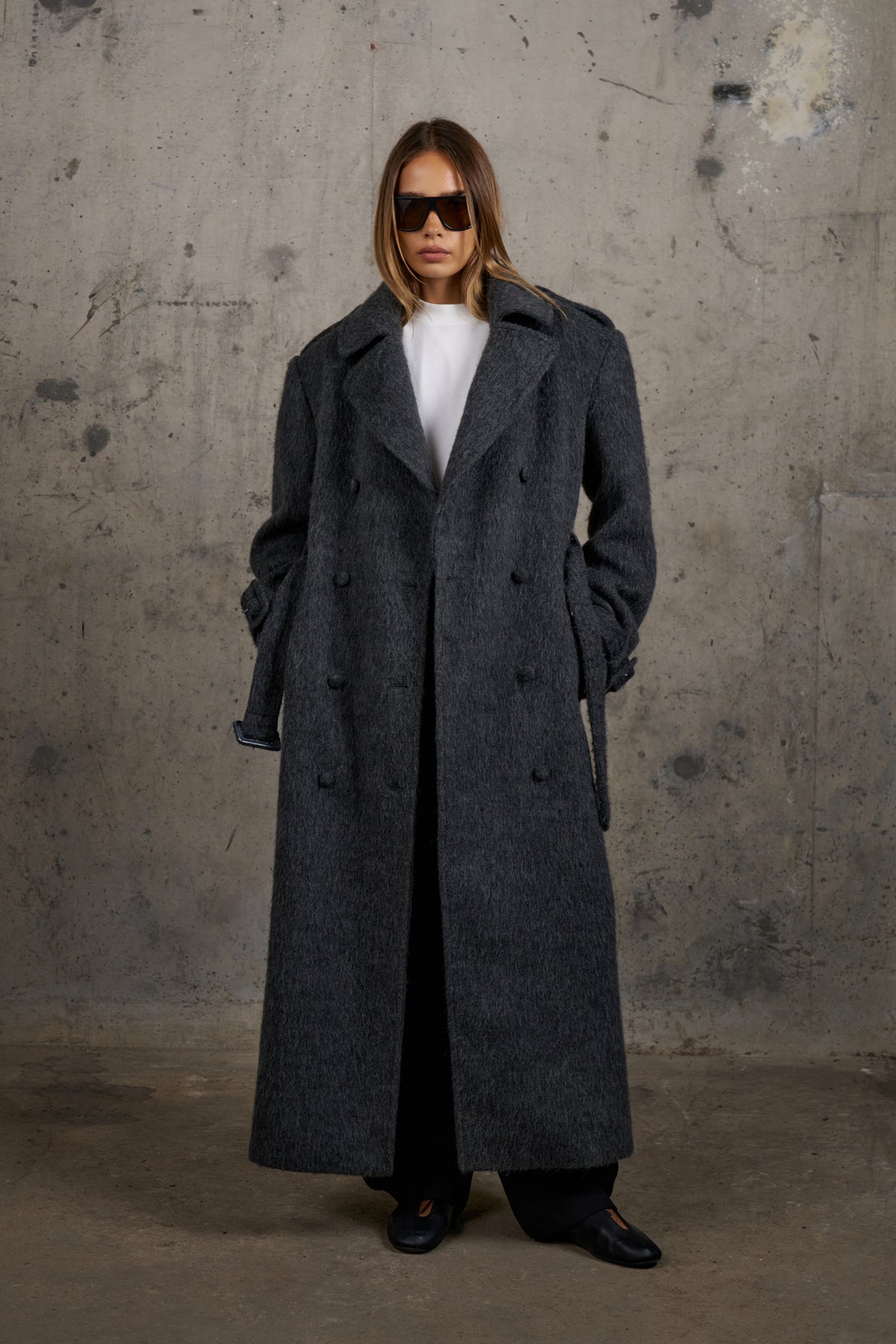 BRUSHED WOOL OVERSIZED MAXI COAT - CHARCOAL