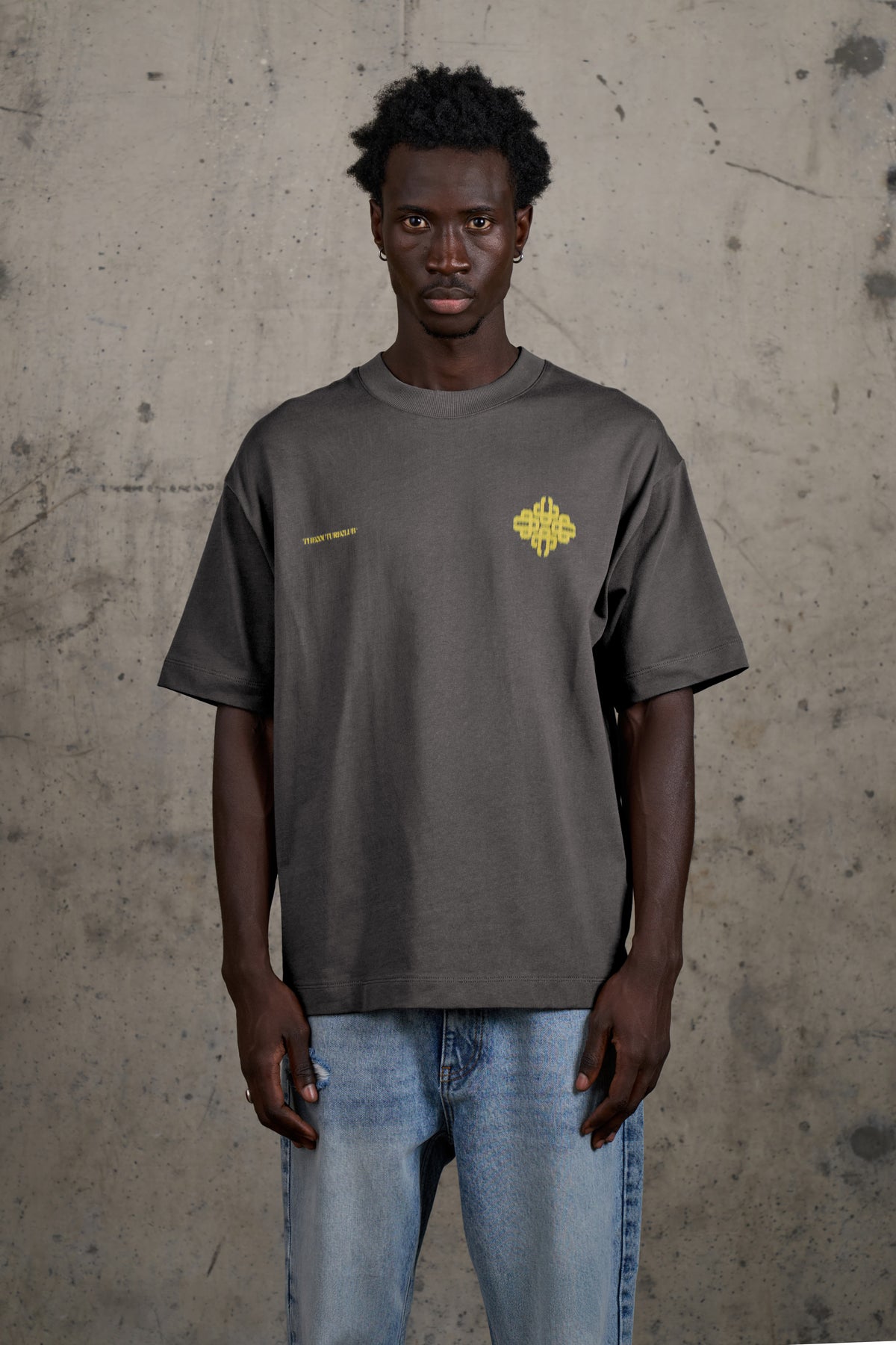 Model wearing the Motion Blurred Emblem T-Shirt in Charcoal/Yellow, front view