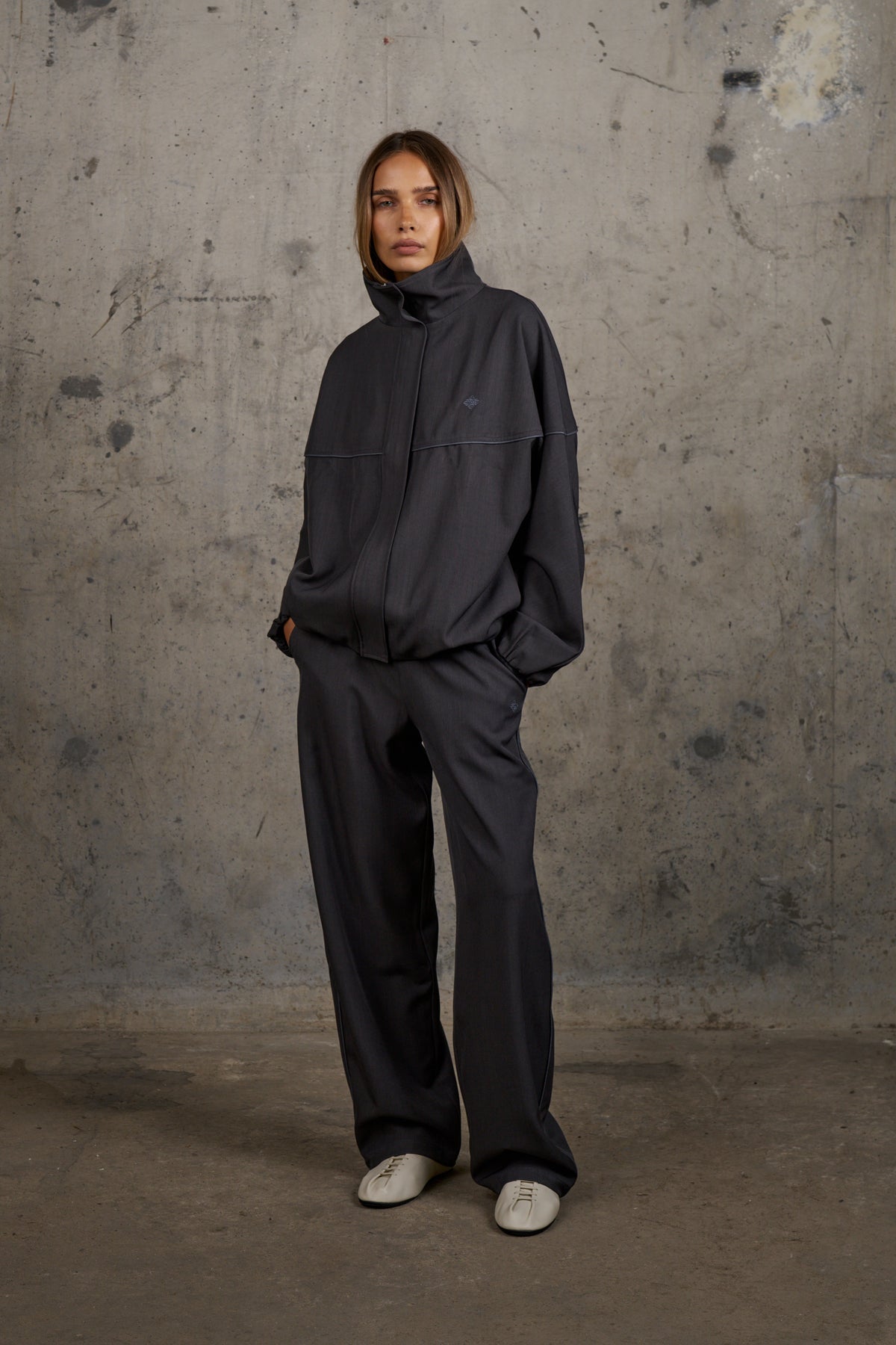 PIPED FUNNEL NECK TRACK JACKET - CHARCOAL