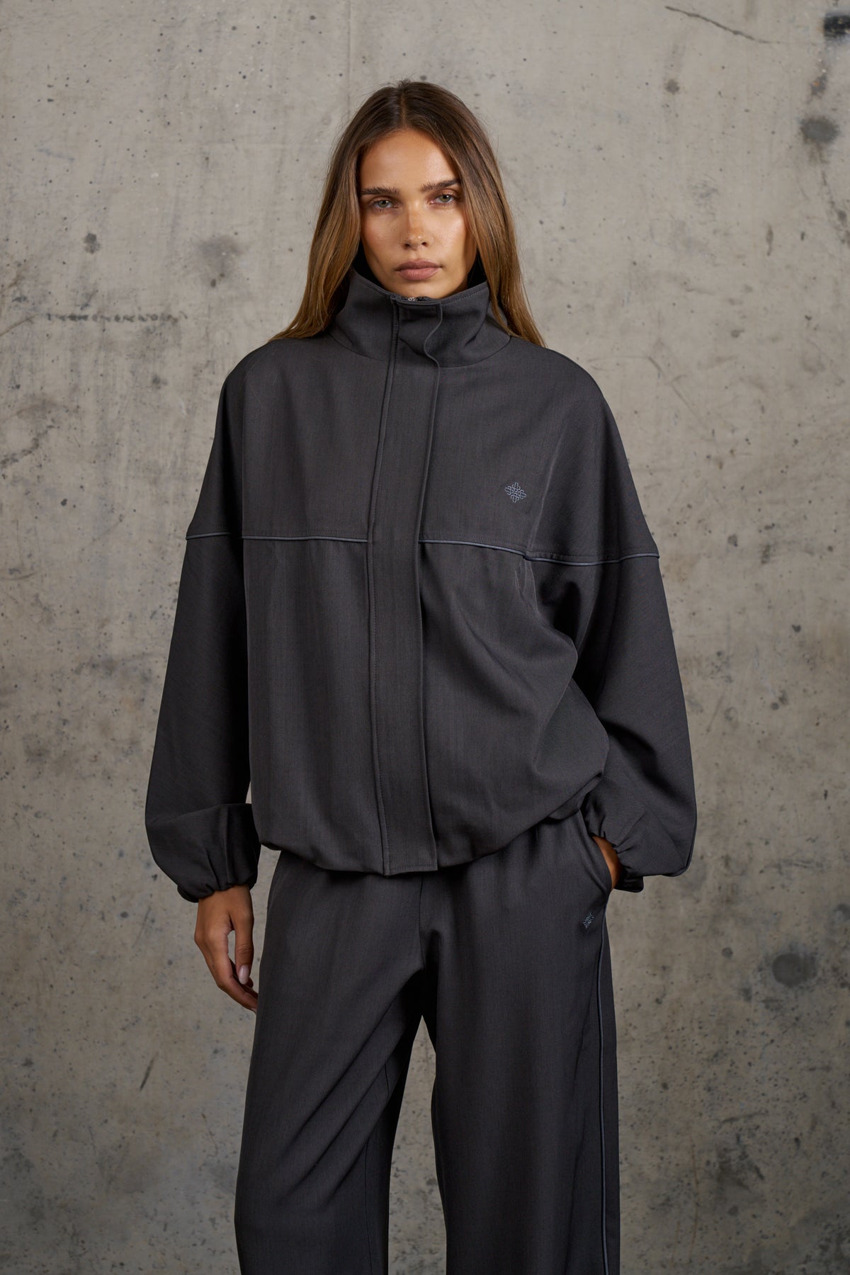 PIPED FUNNEL NECK TRACK JACKET - CHARCOAL