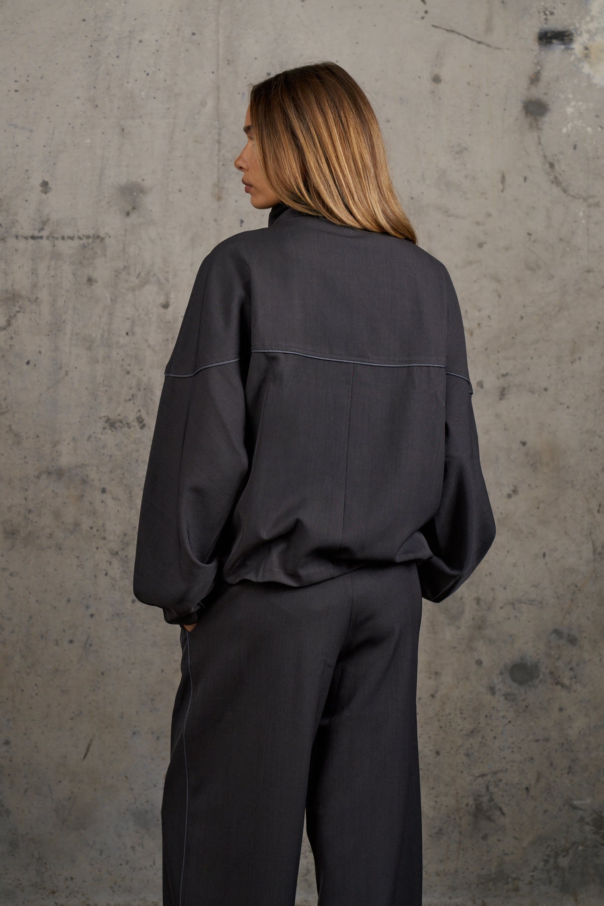 PIPED FUNNEL NECK TRACK JACKET - CHARCOAL