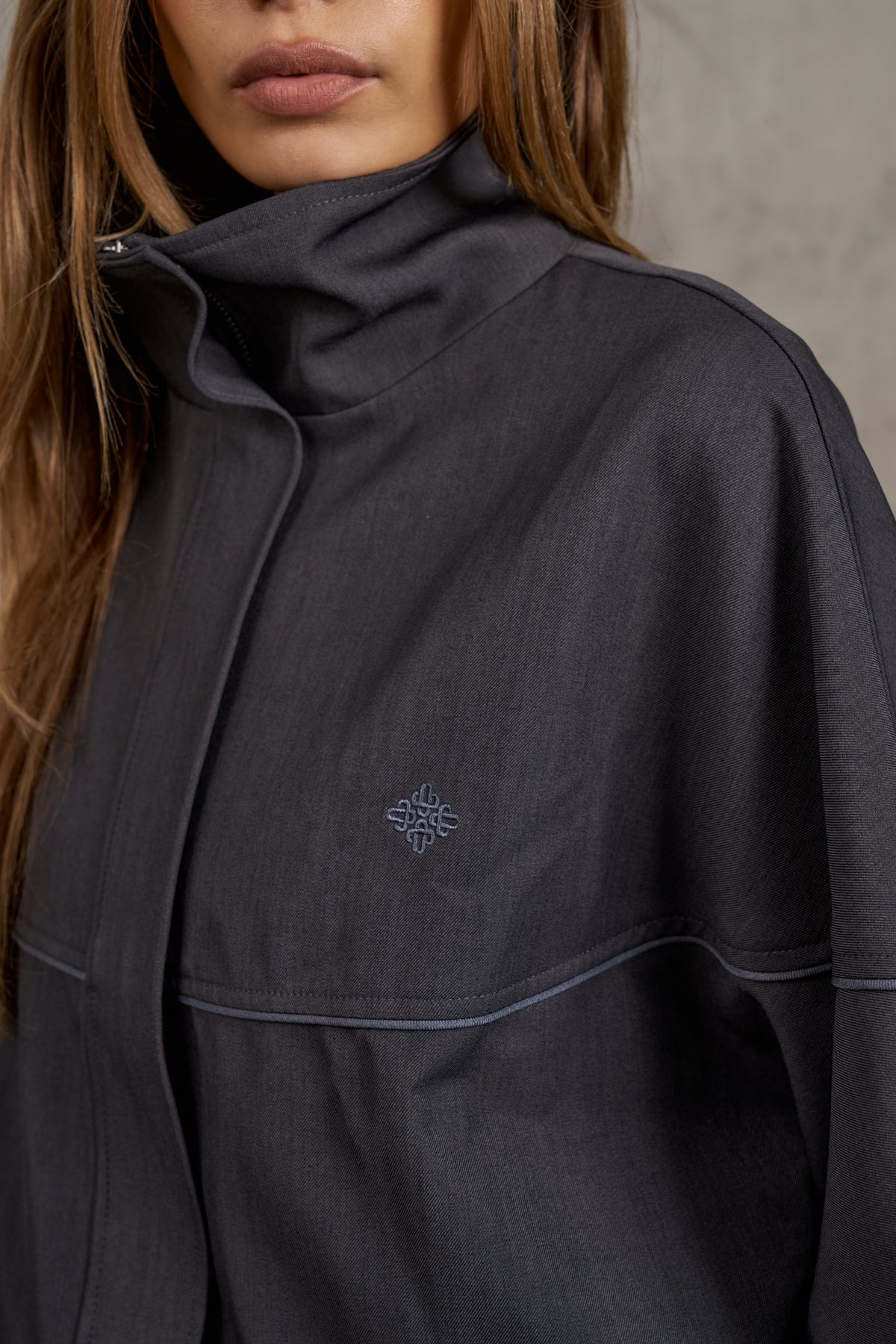 PIPED FUNNEL NECK TRACK JACKET - CHARCOAL