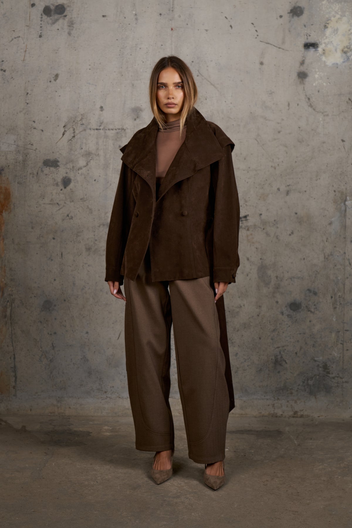 FAUX SUEDE FUNNEL NECK TIE WAIST JACKET - BROWN