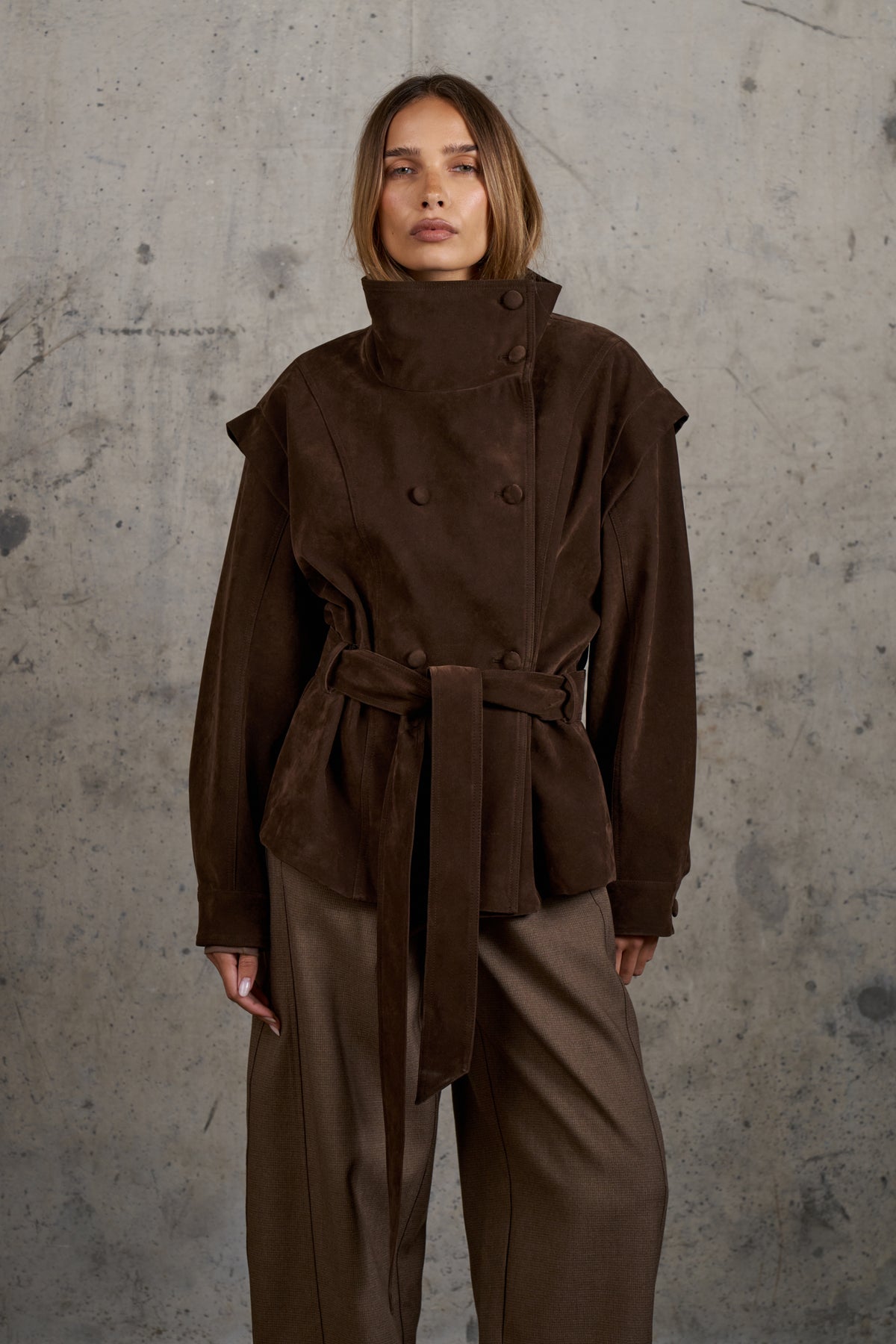 FAUX SUEDE FUNNEL NECK TIE WAIST JACKET - BROWN