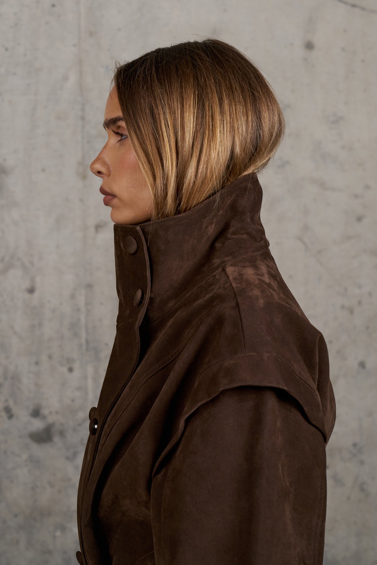 FAUX SUEDE FUNNEL NECK TIE WAIST JACKET - BROWN