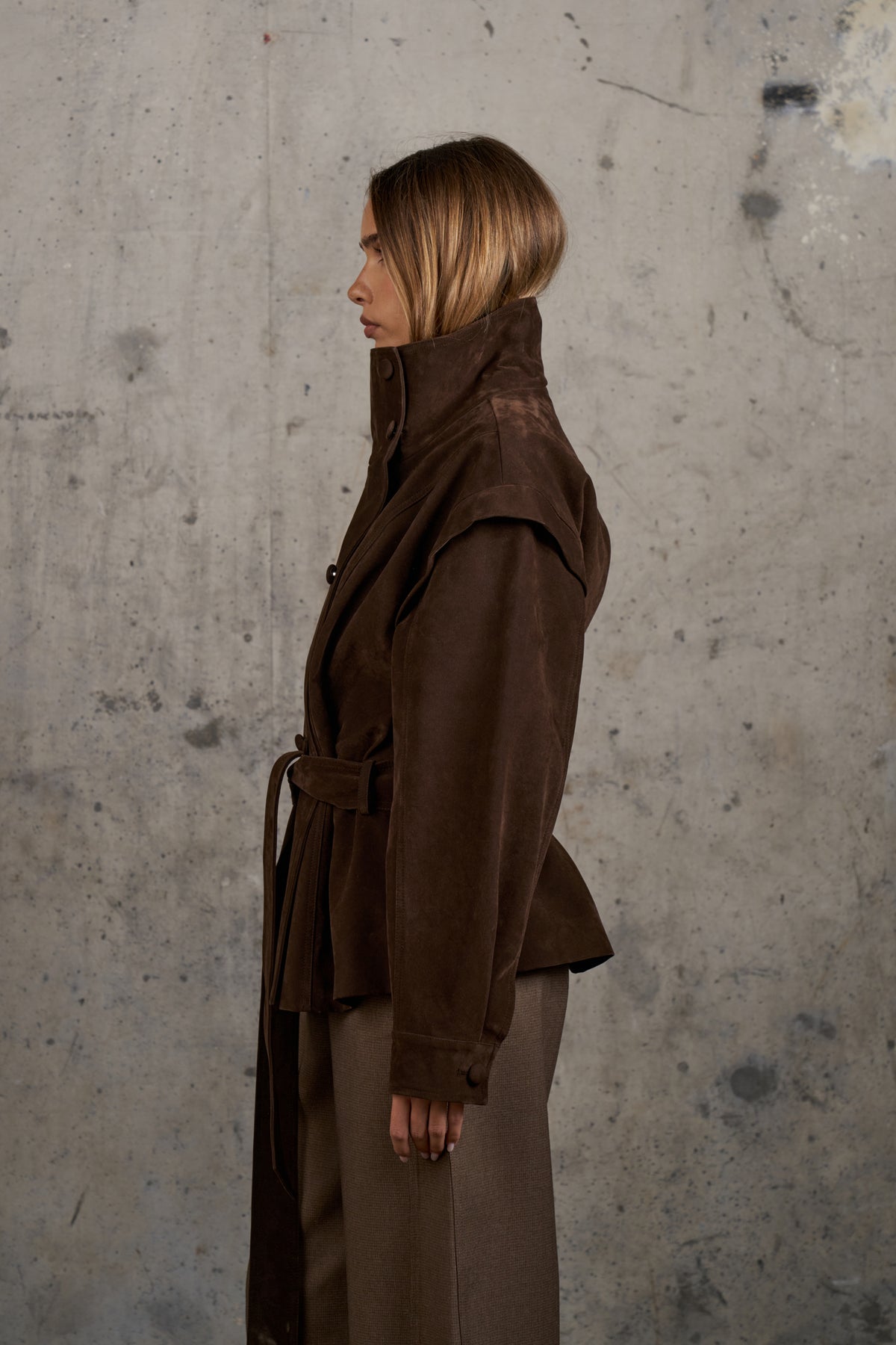 FAUX SUEDE FUNNEL NECK TIE WAIST JACKET - BROWN
