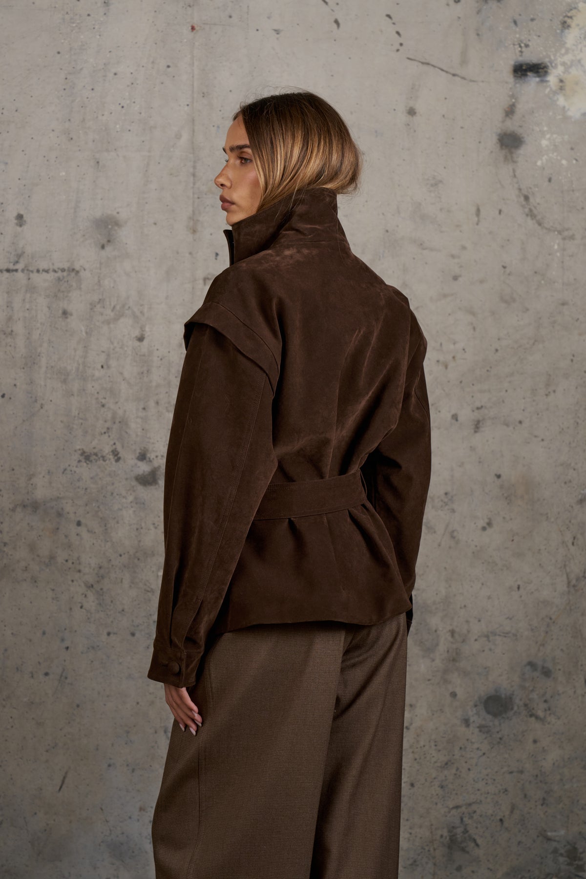 FAUX SUEDE FUNNEL NECK TIE WAIST JACKET - BROWN