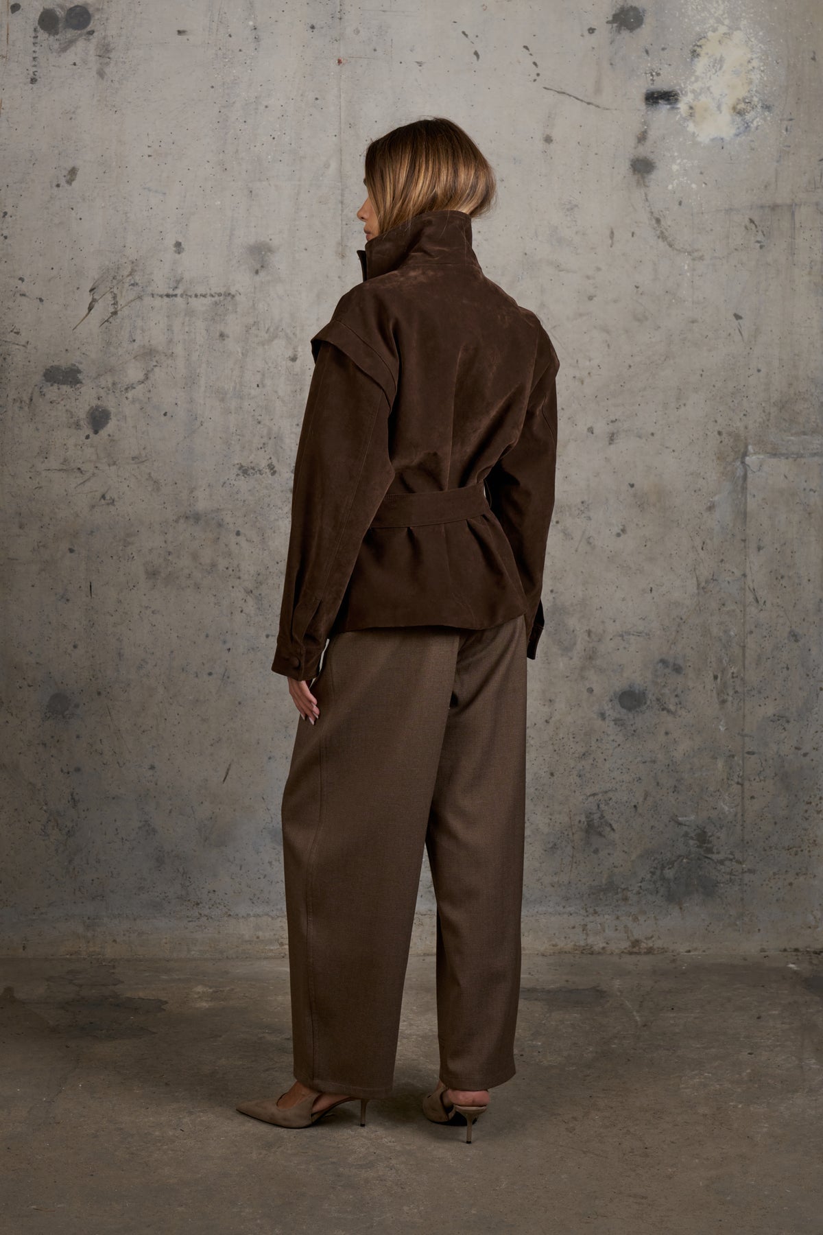 FAUX SUEDE FUNNEL NECK TIE WAIST JACKET - BROWN