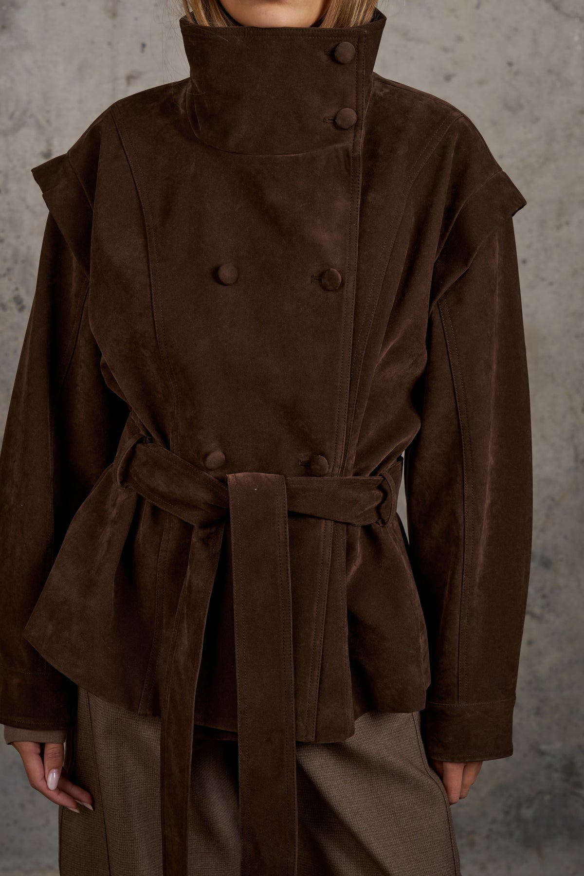 FAUX SUEDE FUNNEL NECK TIE WAIST JACKET - BROWN