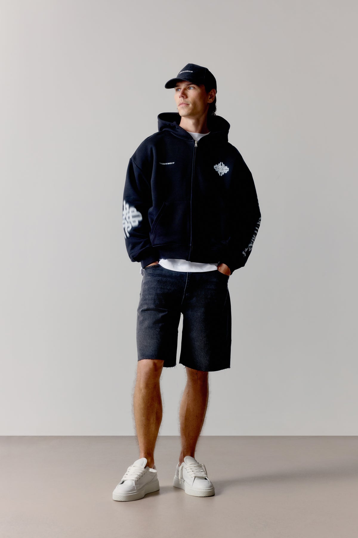 MOTION BLURRED ZIP THROUGH HOODIE - BLACK