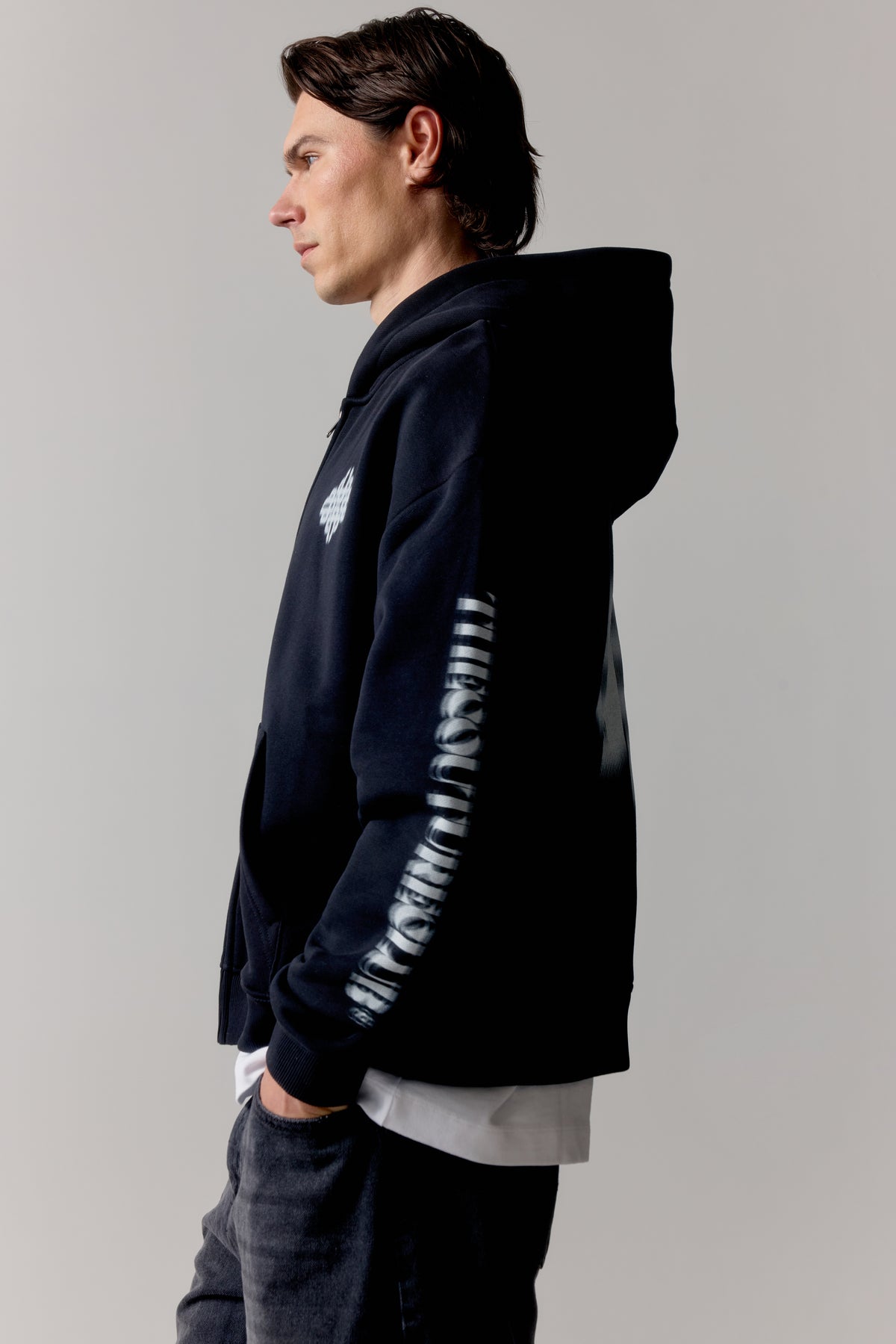 MOTION BLURRED ZIP THROUGH HOODIE - BLACK