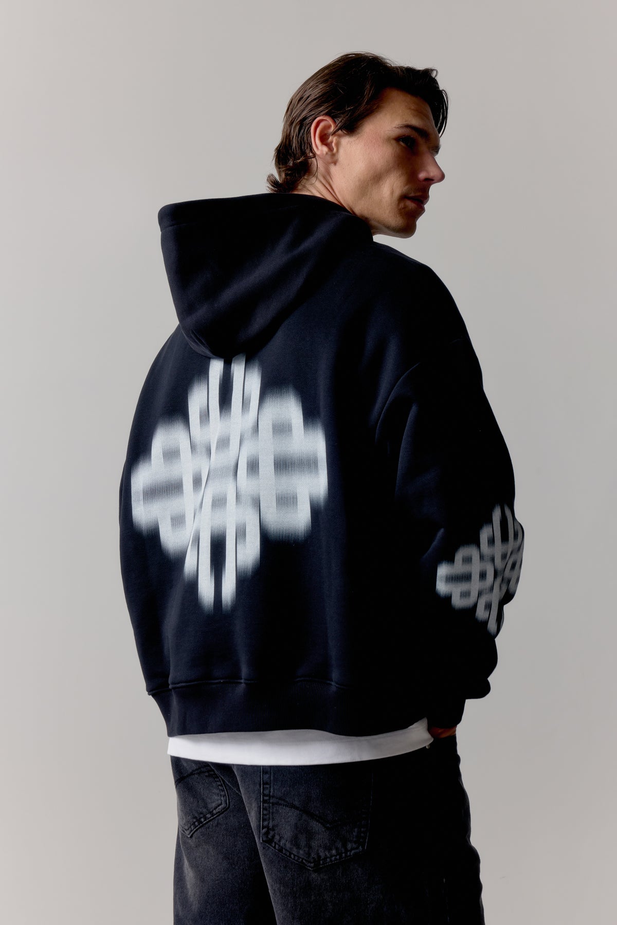 MOTION BLURRED ZIP THROUGH HOODIE - BLACK