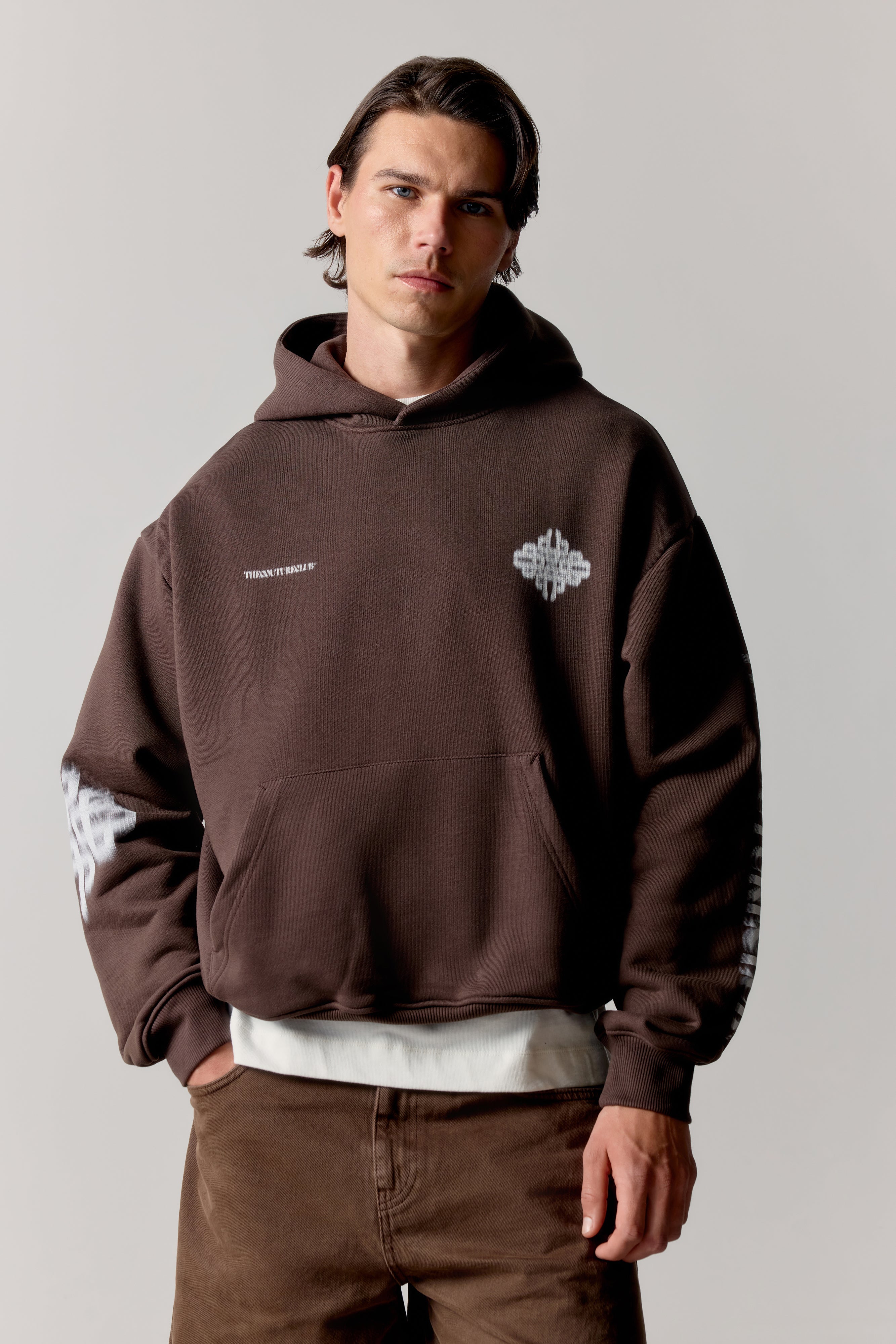 MOTION BLURRED EMBLEM HOODIE - BROWN