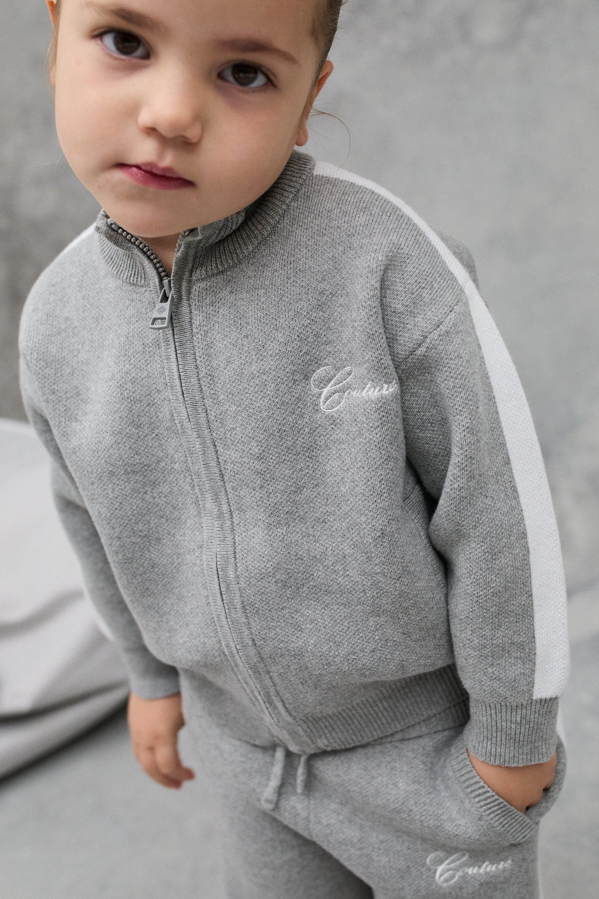 KIDS SIDE STRIPE KNITTED ZIP THROUGH - GREY MARL