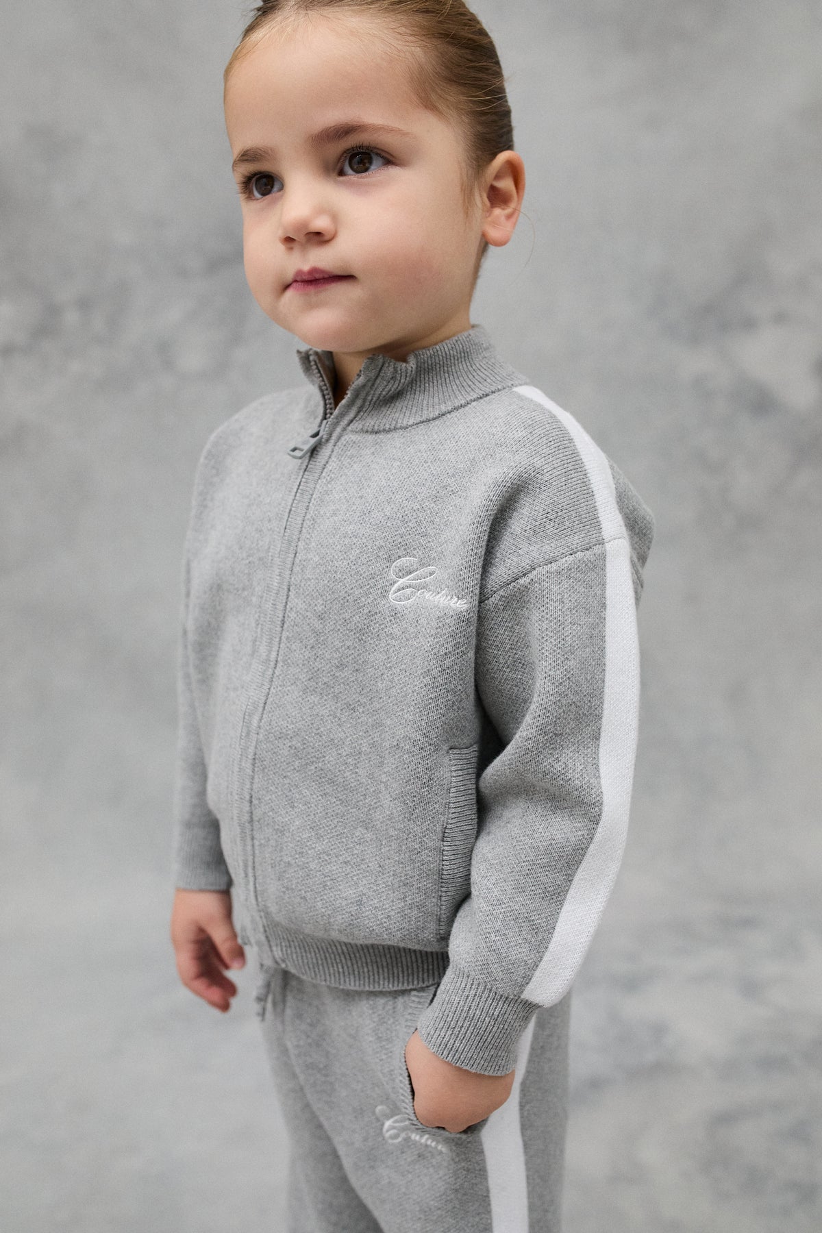 Kids Side Stripe Knitted Zip Through - Grey Marl