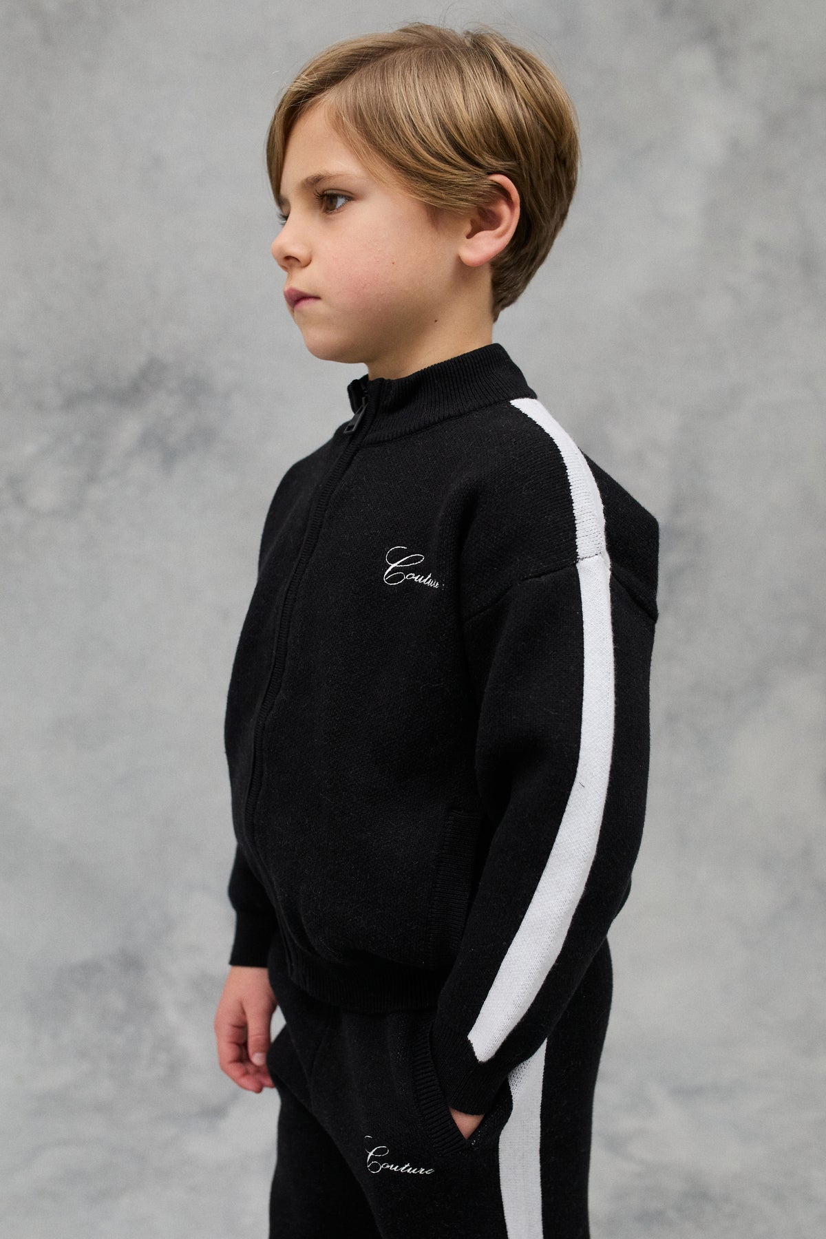 KIDS SIDE STRIPE KNITTED ZIP THROUGH - BLACK