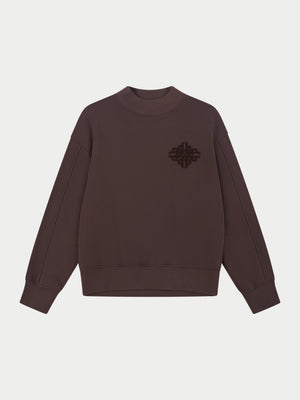 CHENILLE EMBLEM MOCK NECK CREW - CHOCOLATE