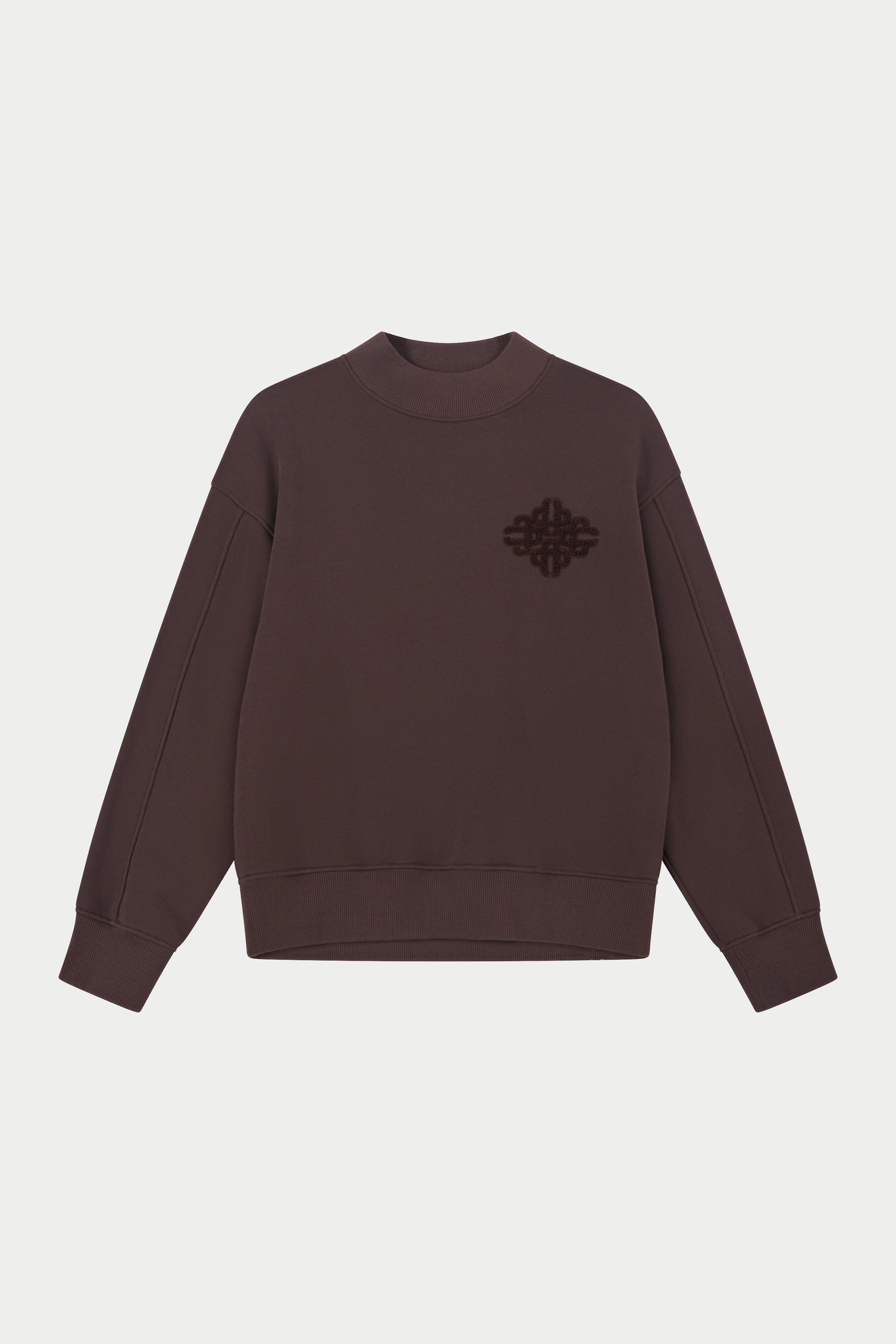 CHENILLE EMBLEM MOCK NECK CREW - CHOCOLATE