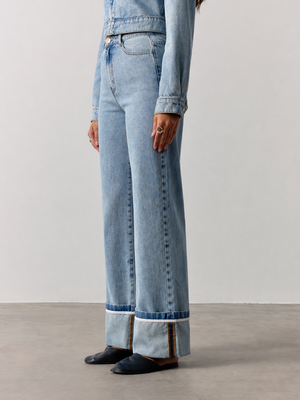 TURN UP HEM WIDE LEG JEANS - MID BLUE WASH