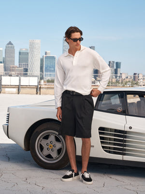 FINE GAUGE KNITTED LONG SLEEVE POLO - WHITE