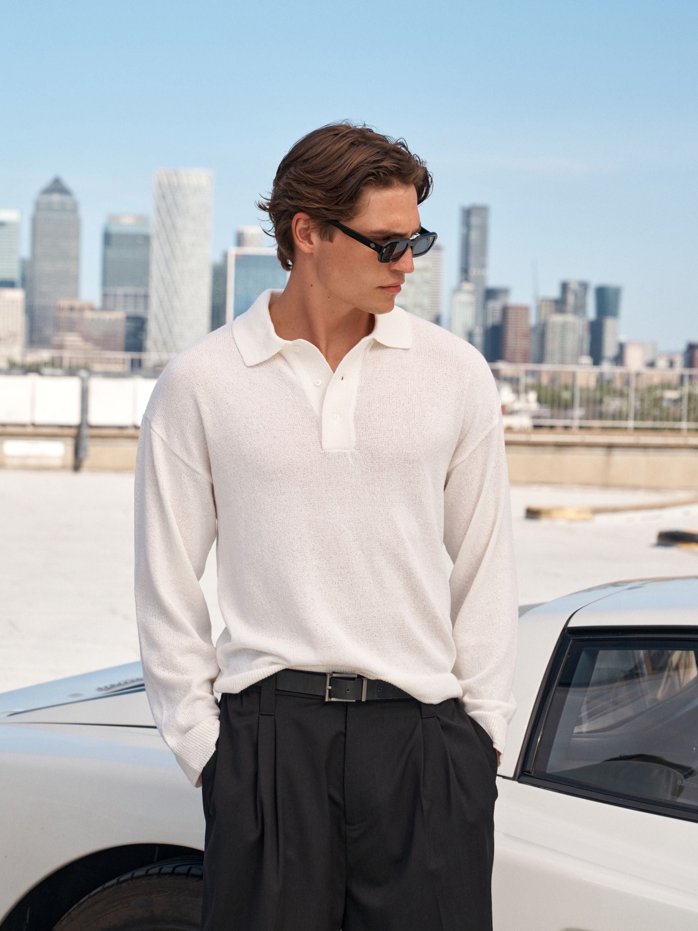 FINE GAUGE KNITTED LONG SLEEVE POLO - WHITE