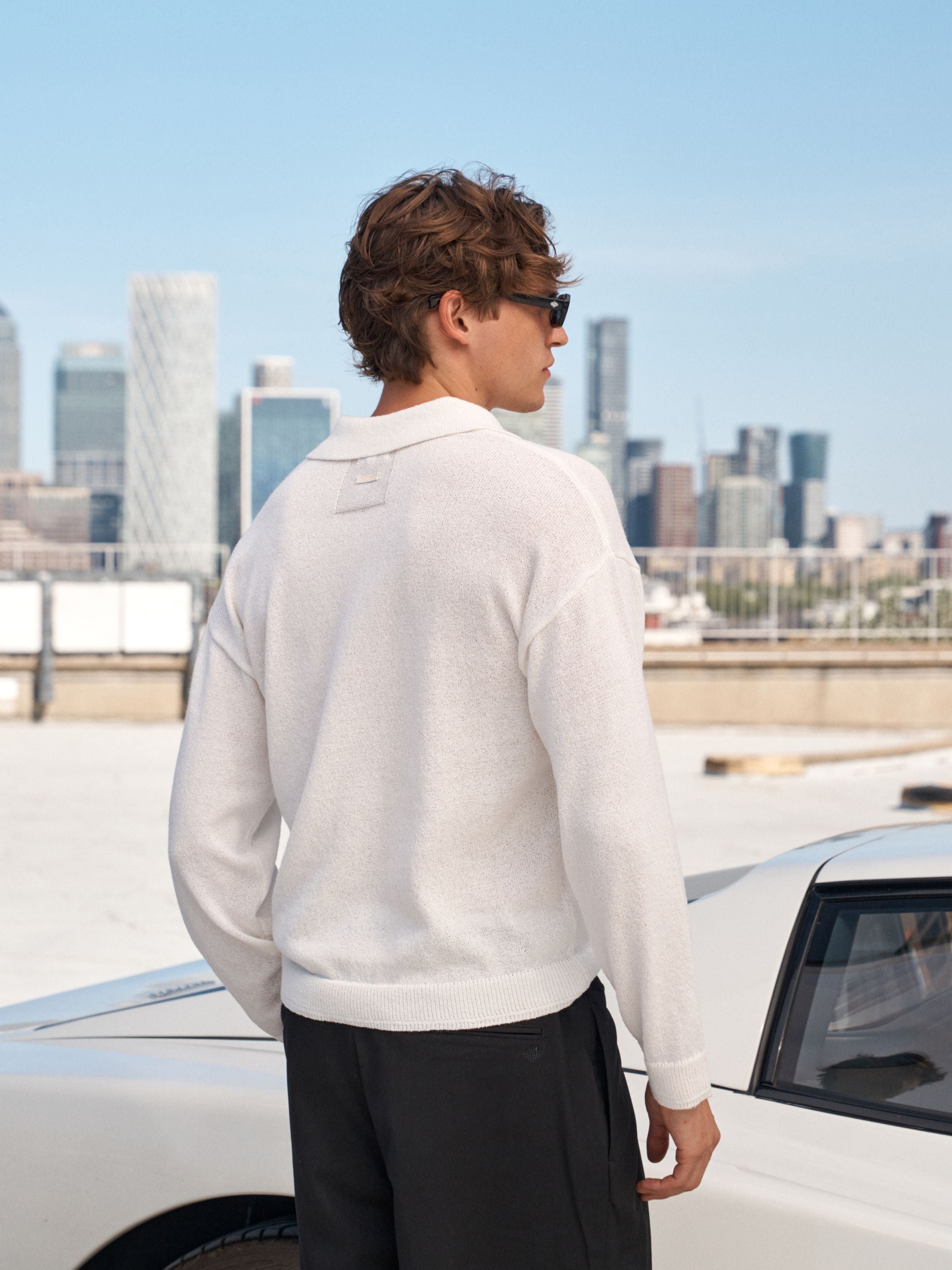 FINE GAUGE KNITTED LONG SLEEVE POLO - WHITE