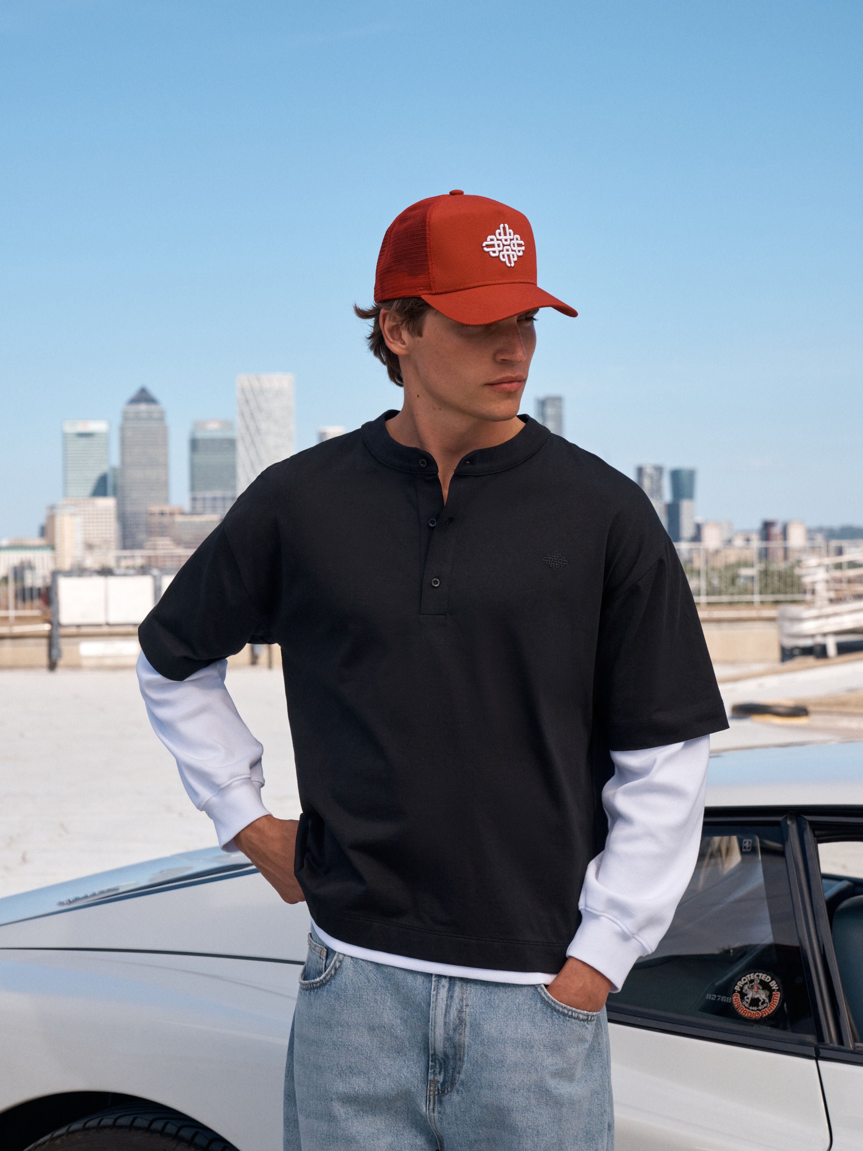 DOUBLE LAYER HENLEY LONG SLEEVE T-SHIRT - BLACK