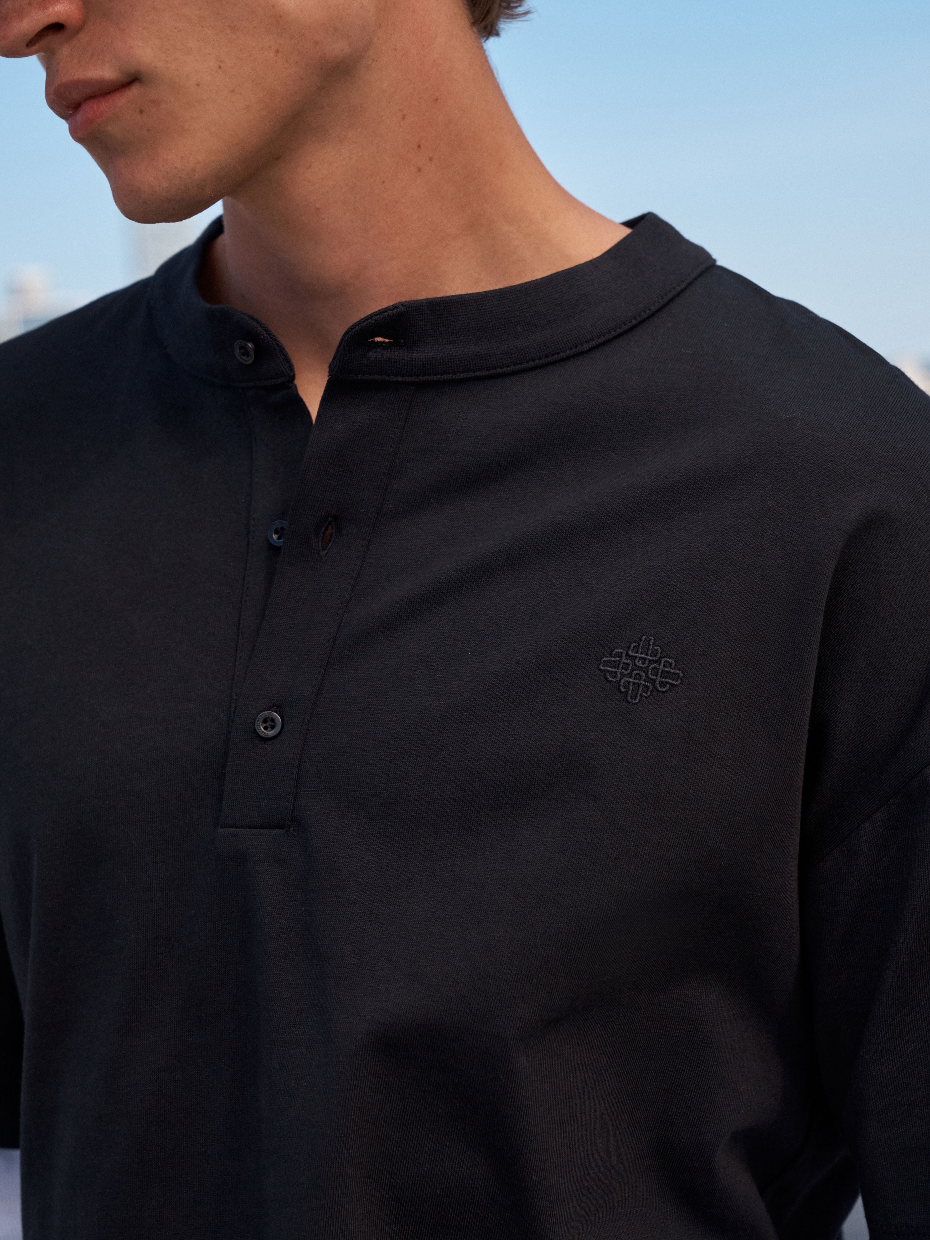 DOUBLE LAYER HENLEY LONG SLEEVE T-SHIRT - BLACK