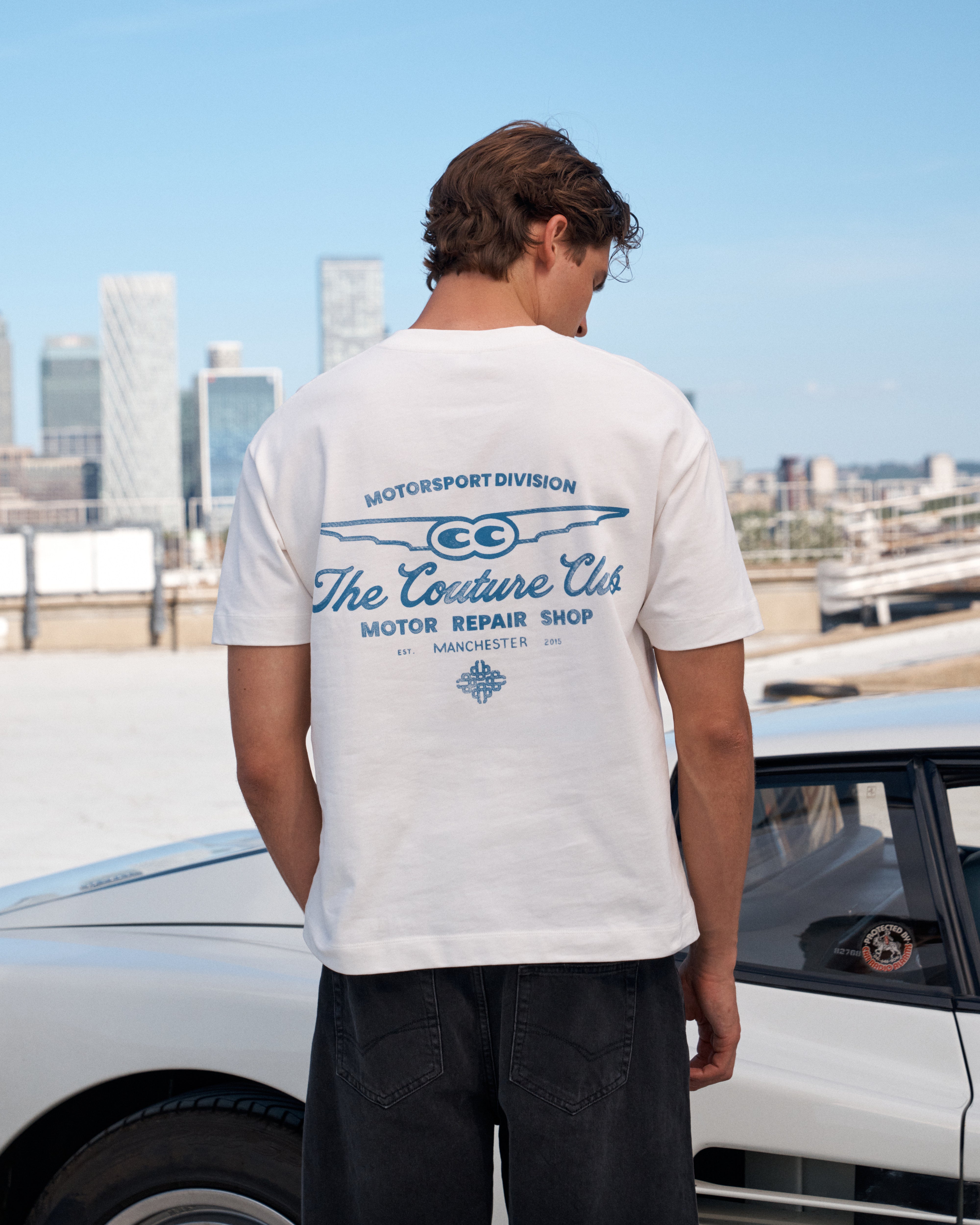 MOTOR REPAIR SHOP GRAPHIC T-SHIRT -  WHITE BLUE