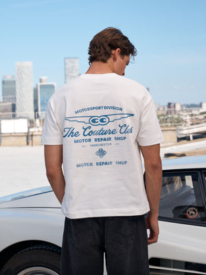 MOTOR REPAIR SHOP GRAPHIC T-SHIRT -  WHITE BLUE