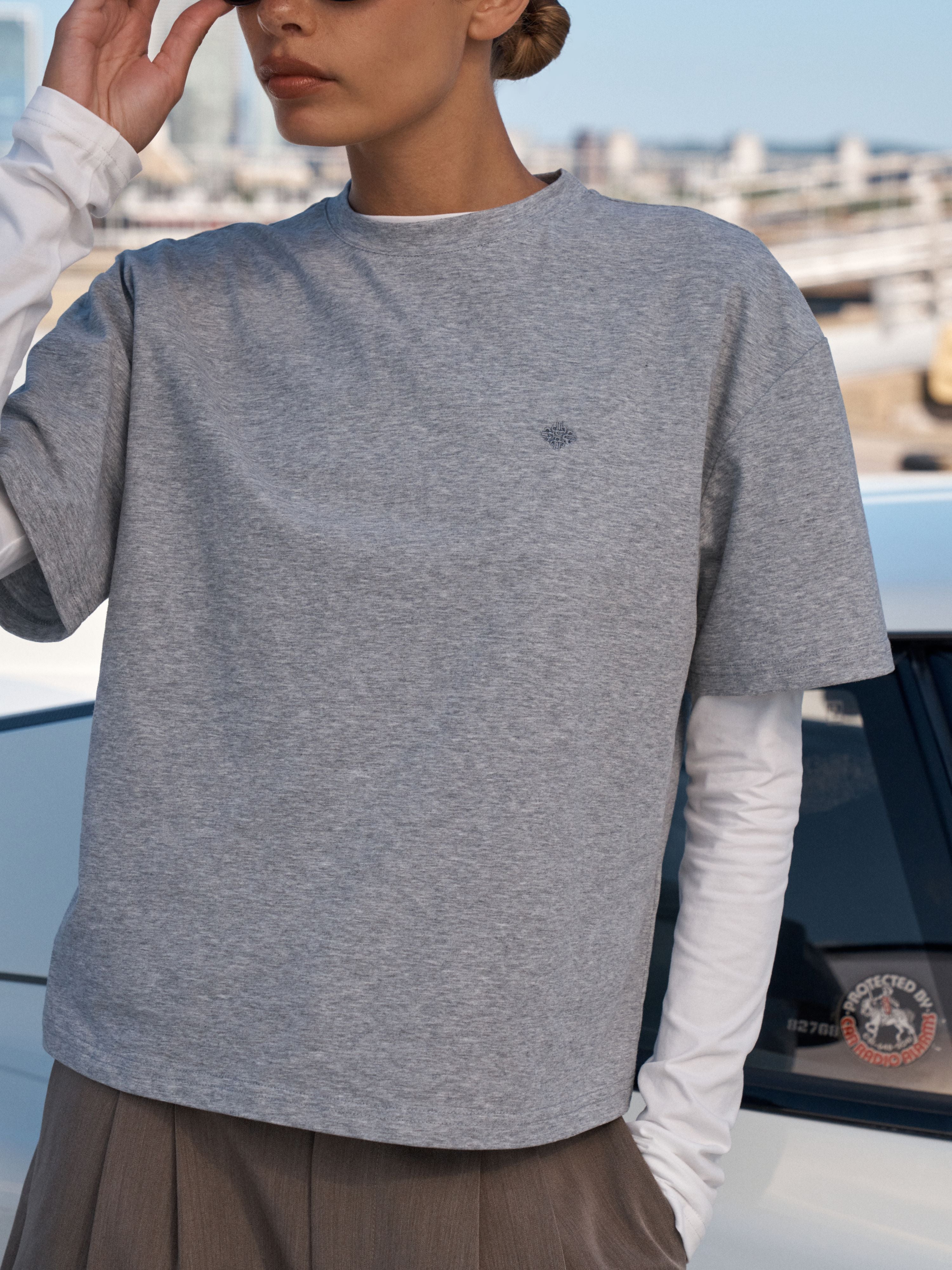 DOUBLE LAYER LONG SLEEVE T-SHIRT - GREY MARL