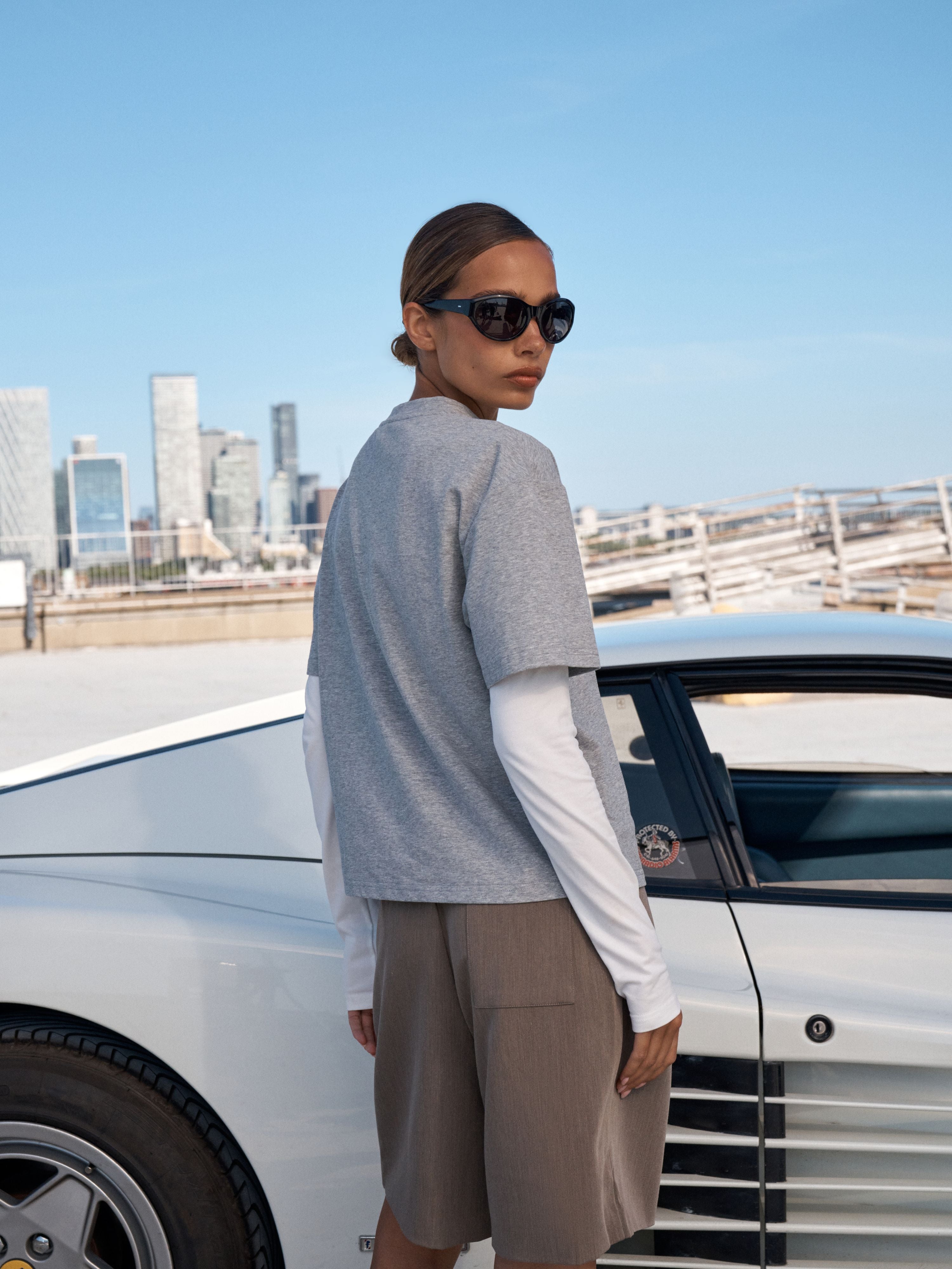 DOUBLE LAYER LONG SLEEVE T-SHIRT - GREY MARL
