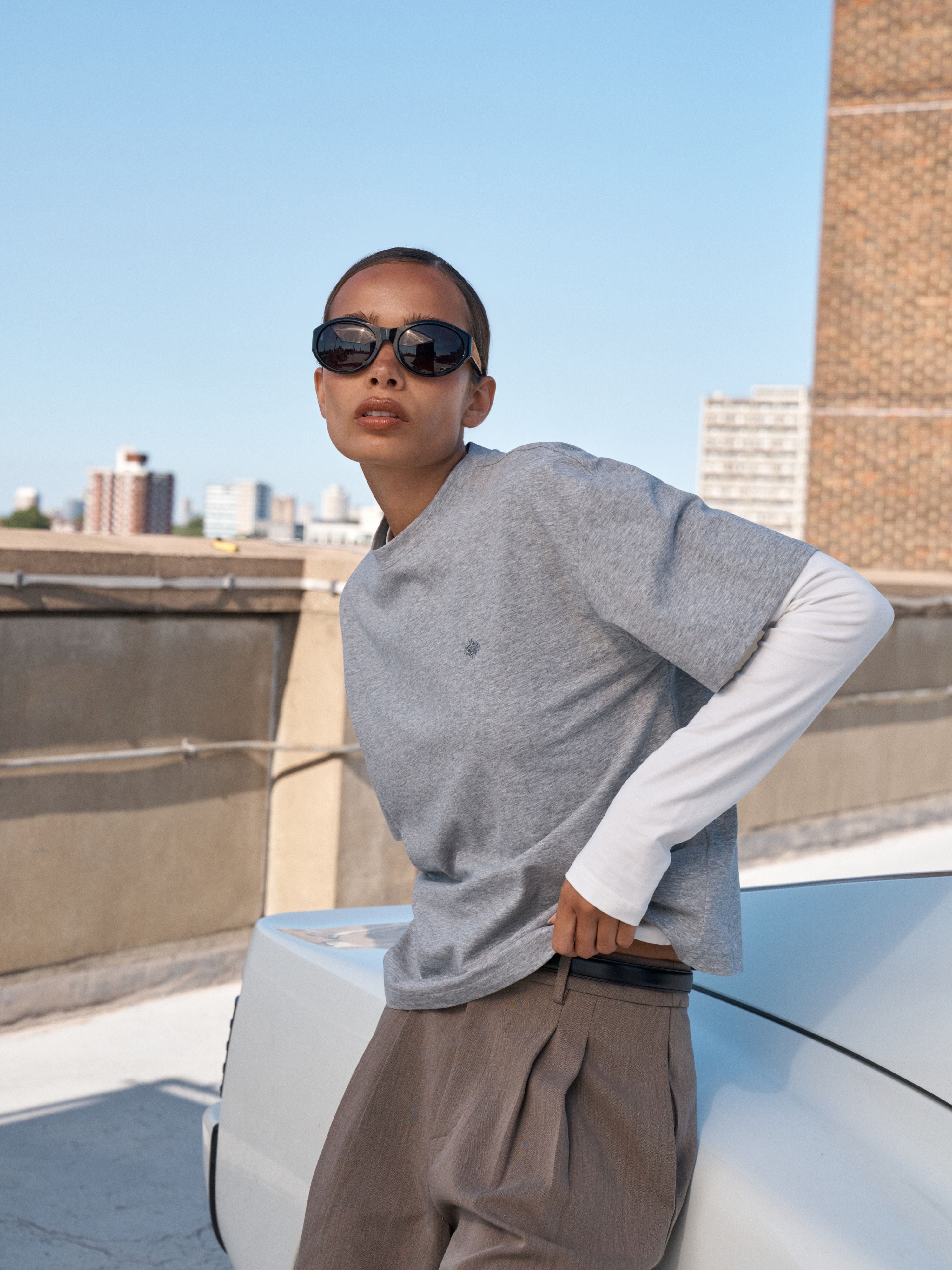 DOUBLE LAYER LONG SLEEVE T-SHIRT - GREY MARL