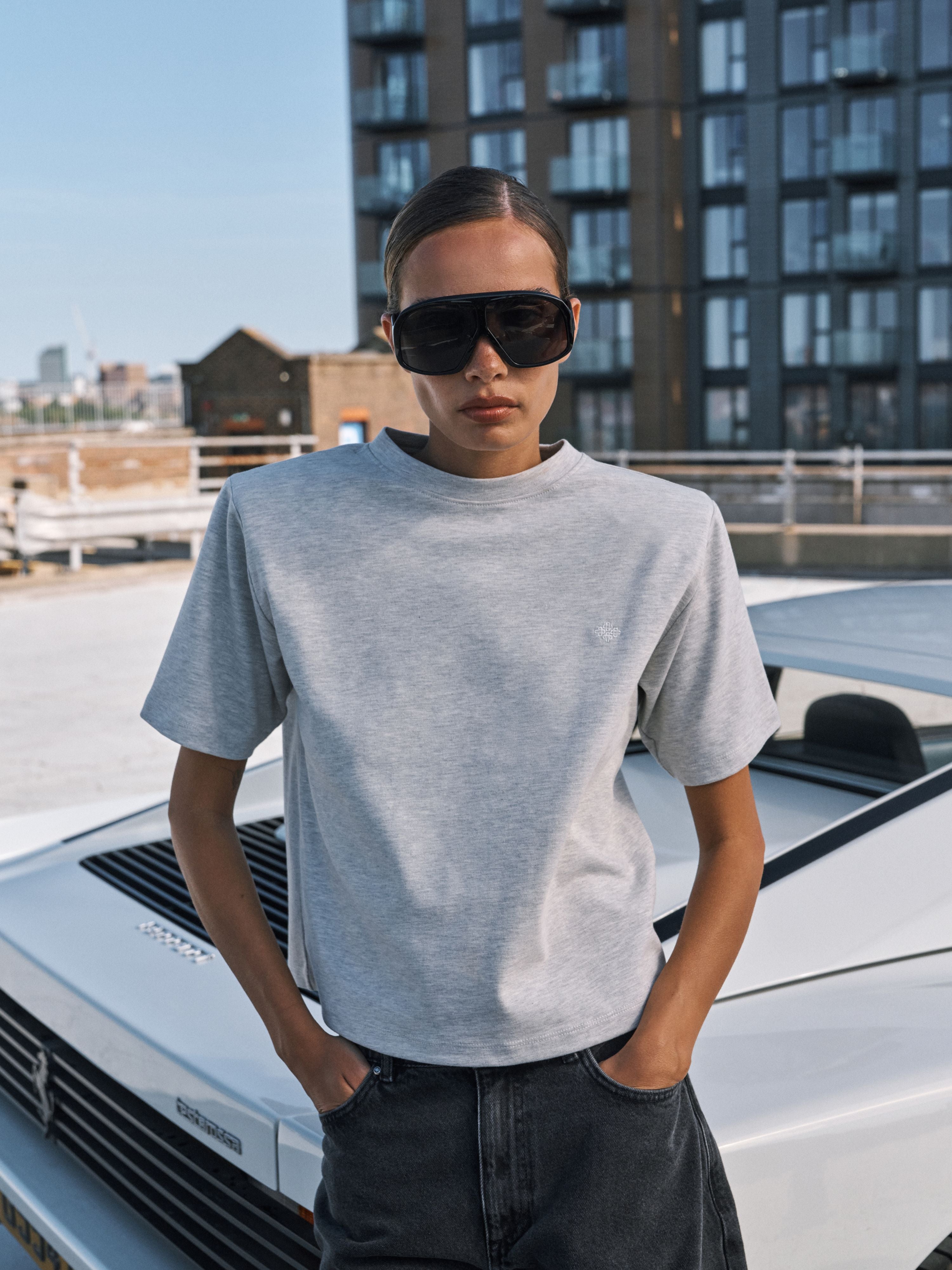 SHOULDER PAD T-SHIRT - GREY MARL