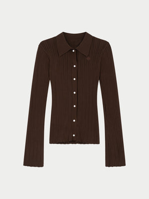RIBBED KNITTED LONG SLEEVE TOP - CHOCOLATE