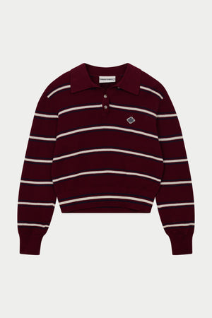 STRIPE KNITTED BUTTON THROUGH POLO - BURGUNDY