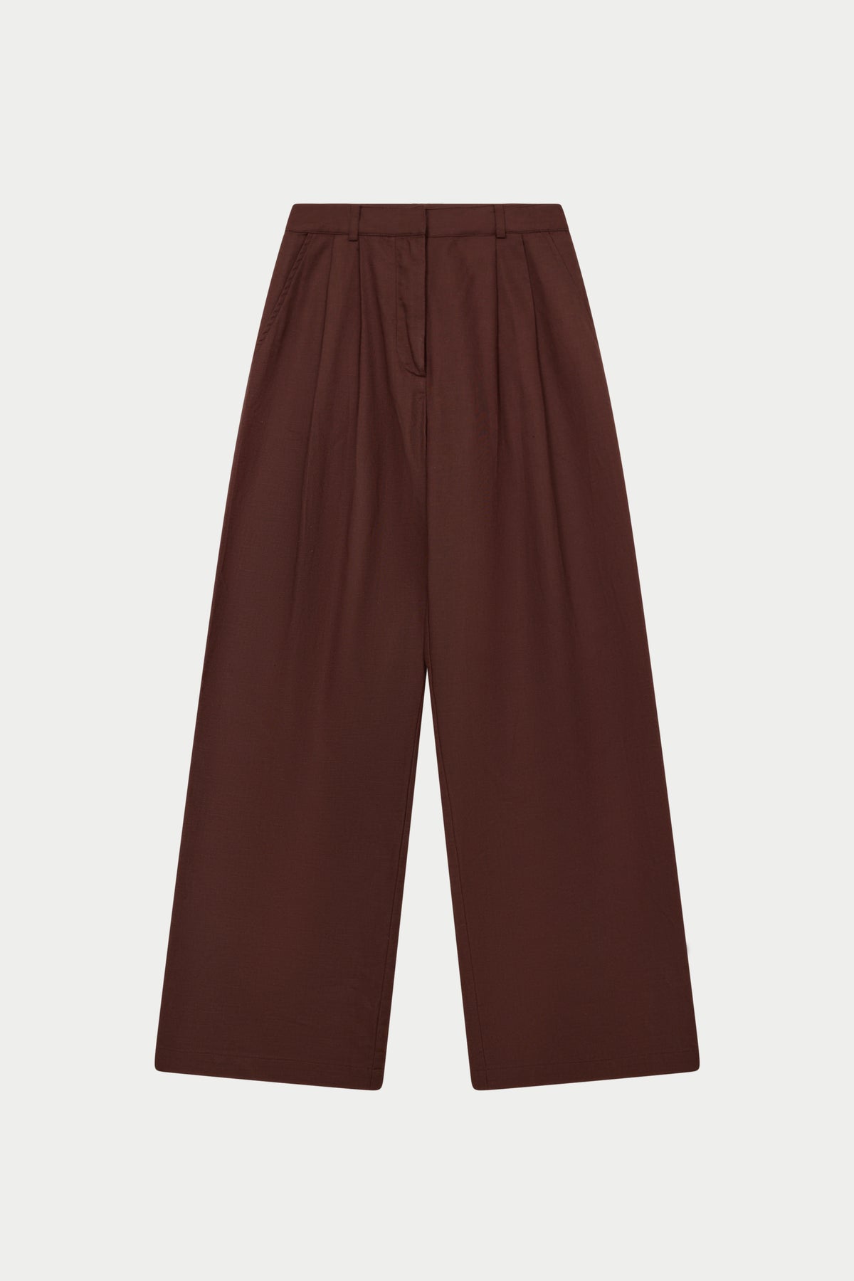 LINEN BLEND WIDE LEG PLEATED TROUSERS - CHOCOLATE