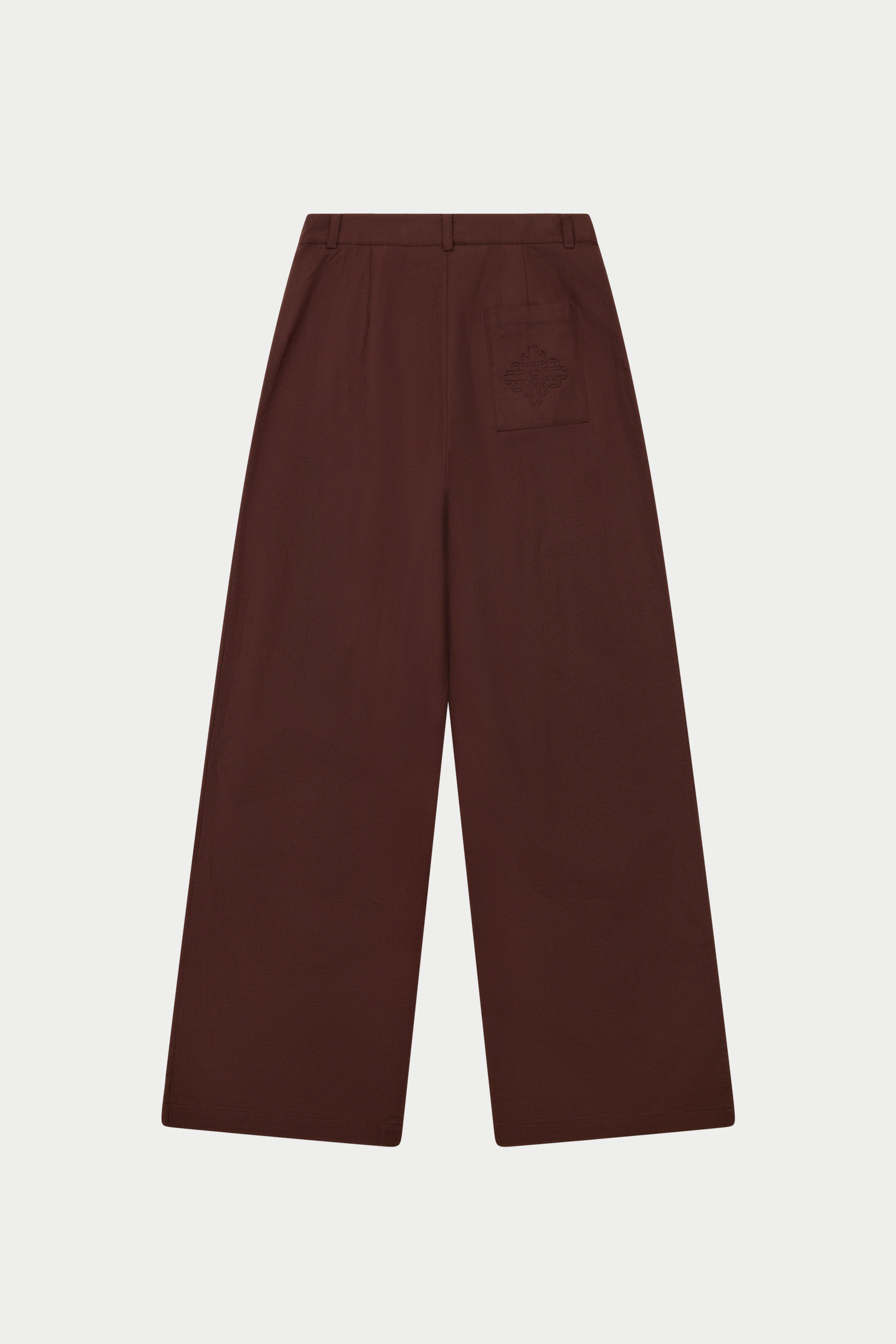 LINEN BLEND WIDE LEG PLEATED TROUSERS - CHOCOLATE