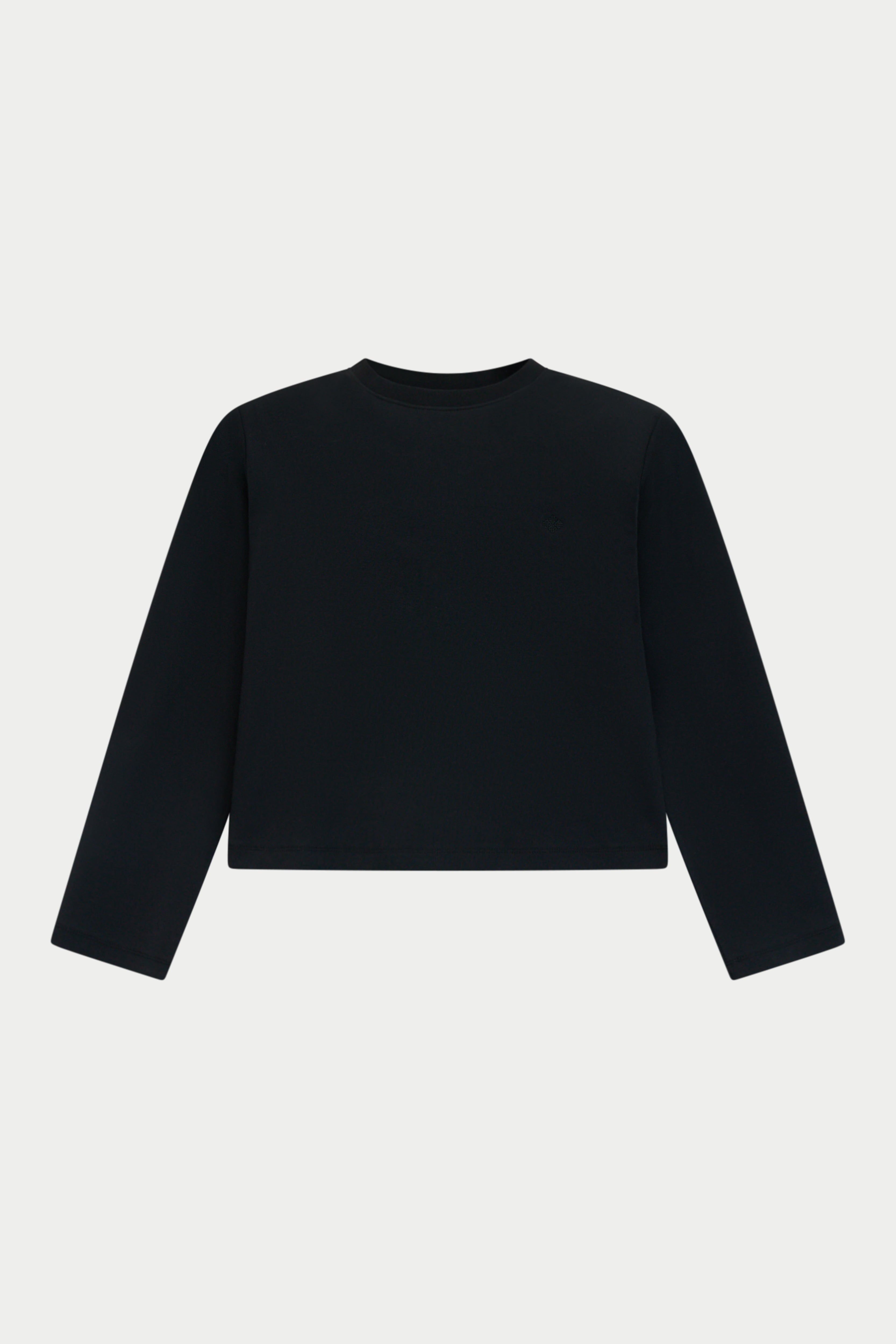 A black long-sleeve cropped top with a crew neck, displayed flat against a light gray background.