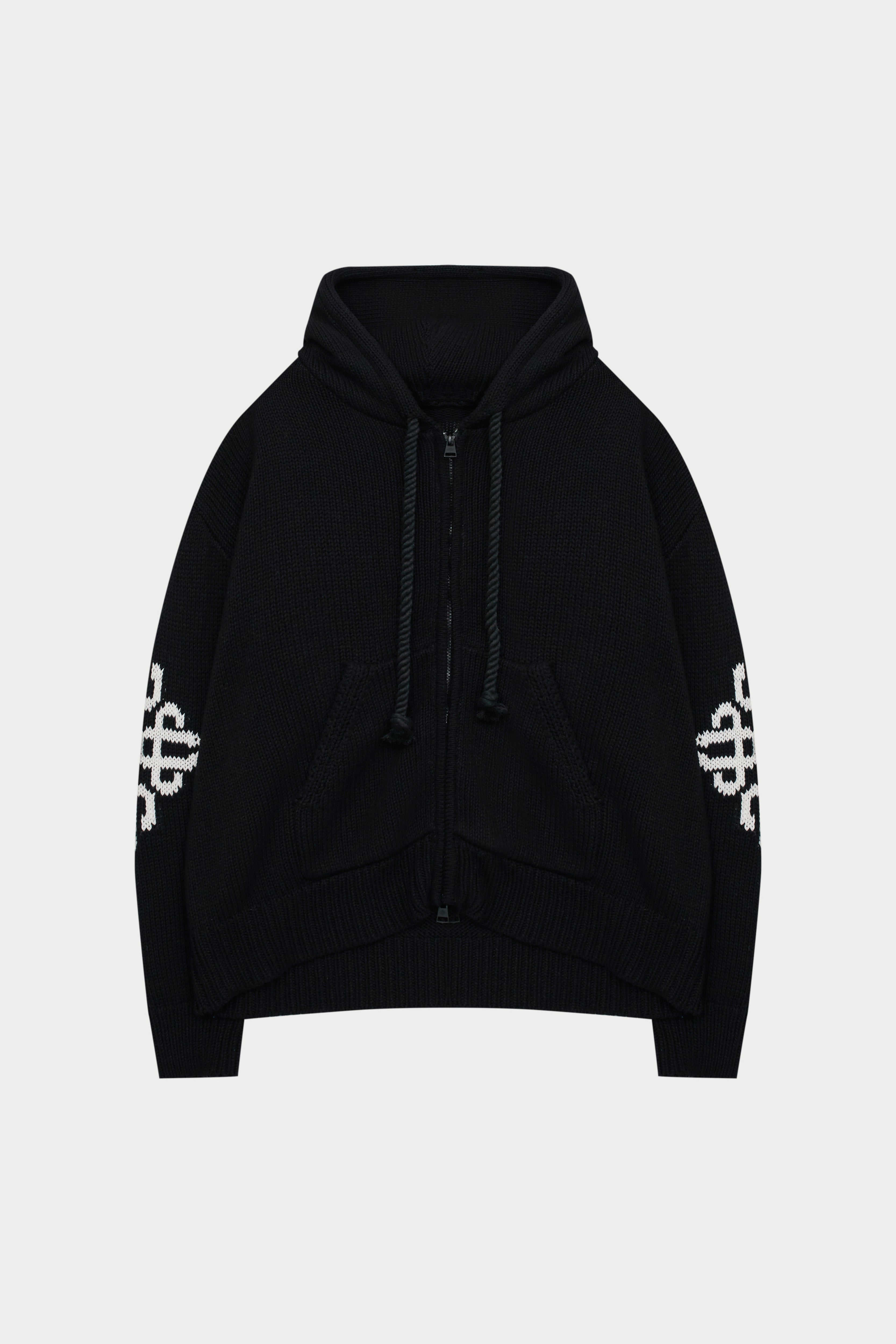 CHUNKY KNIT EMBLEM ZIP THROUGH HOODIE - BLACK