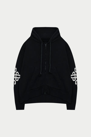 CHUNKY KNIT EMBLEM ZIP THROUGH HOODIE - BLACK