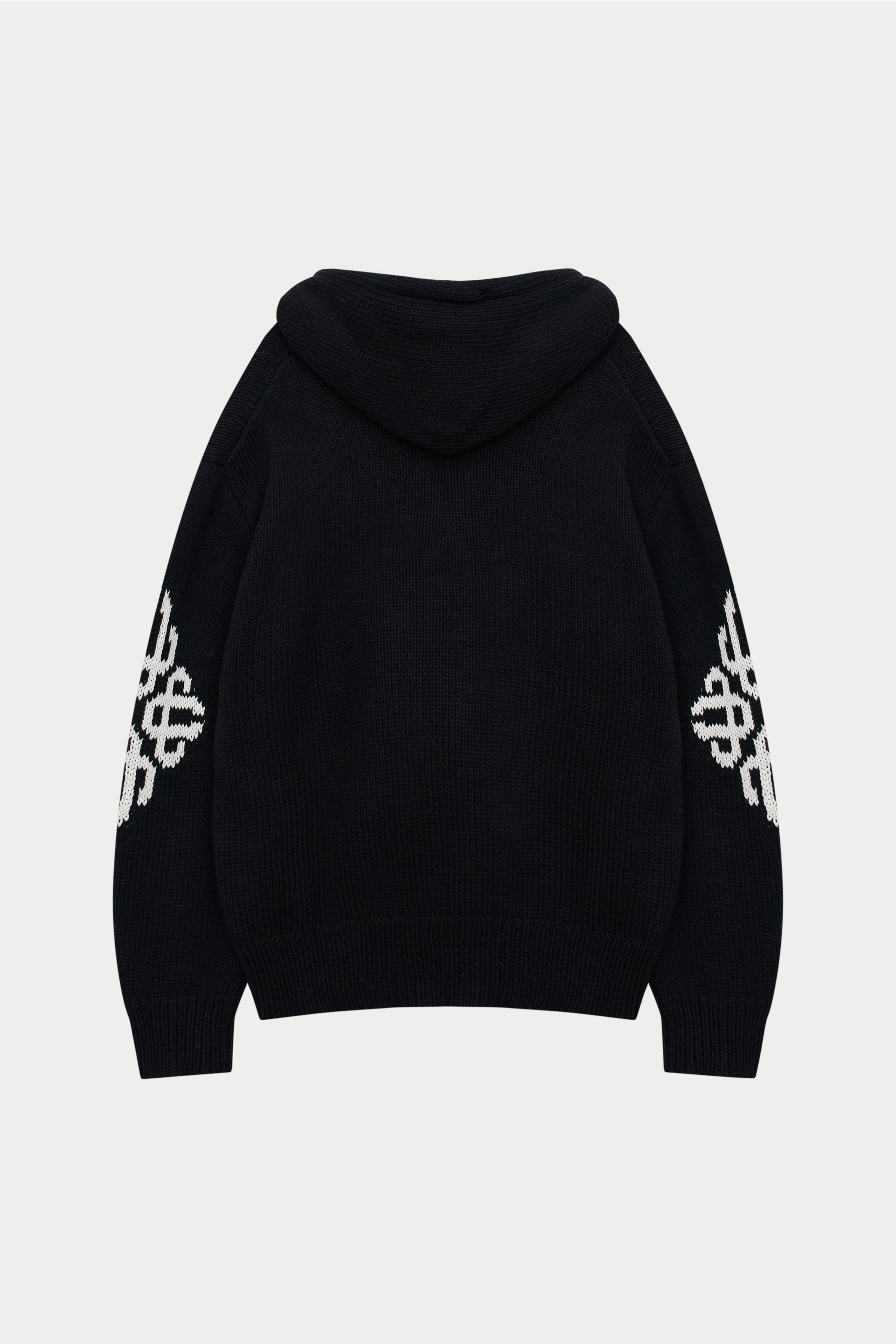 CHUNKY KNIT EMBLEM ZIP THROUGH HOODIE - BLACK