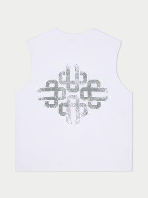 VINTAGE EMBLEM GRAPHIC CUT OFF VEST - WHITE