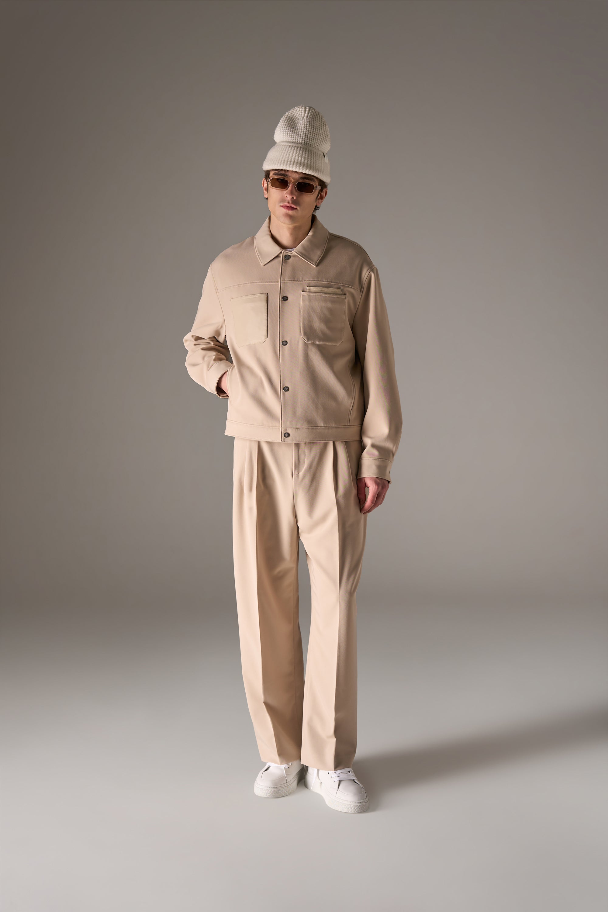 BARREL LEG TAILORED TROUSERS - STONE